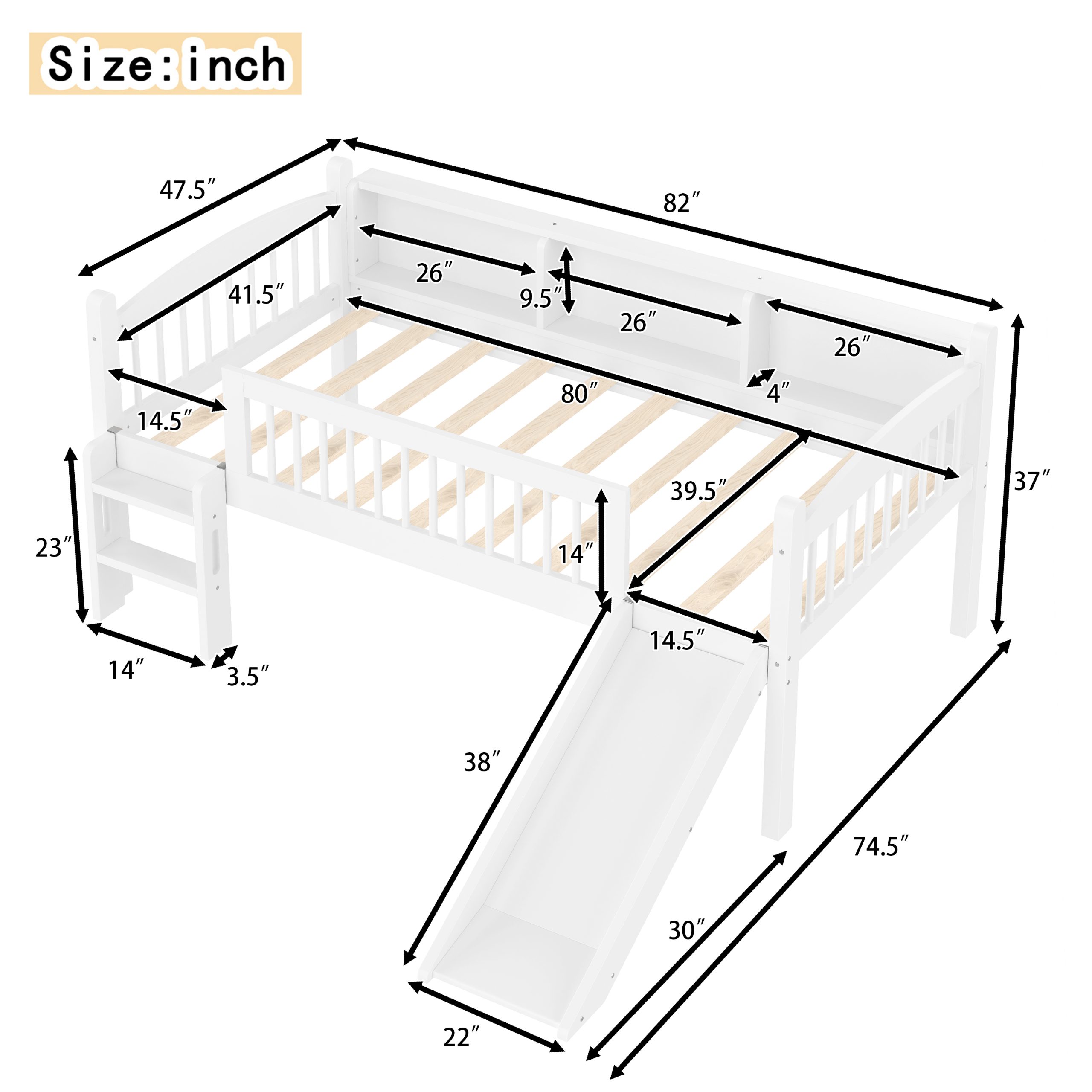 Twin XL Loft Bed with Storage Shelves, Solid Wood Lower Loft Bed with LED Lights and Full-length Guardrails, No Box Spring Needed, White - Image 4