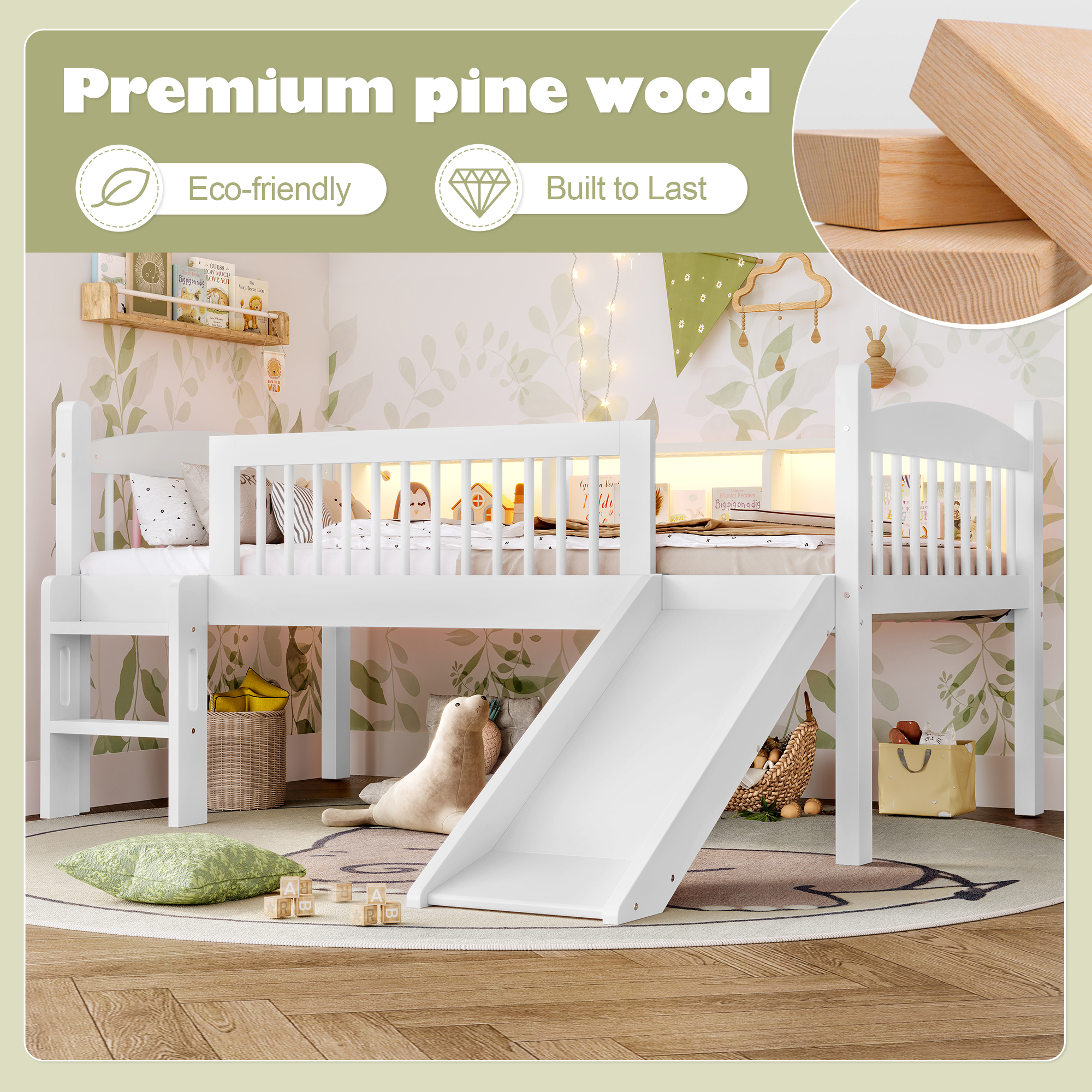 Twin XL Loft Bed with Storage Shelves, Solid Wood Lower Loft Bed with LED Lights and Full-length Guardrails, No Box Spring Needed, White - Image 5