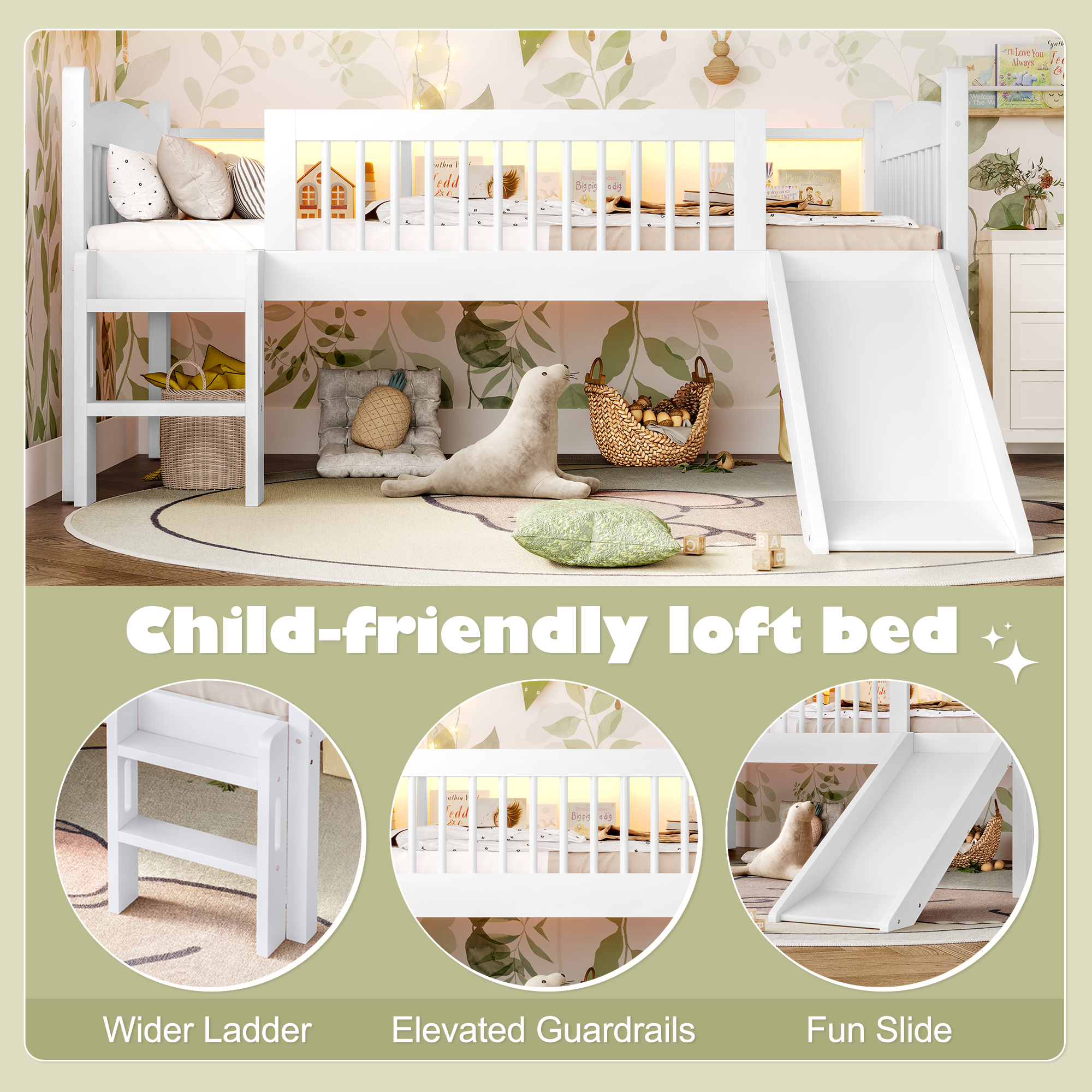 Twin XL Loft Bed with Storage Shelves, Solid Wood Lower Loft Bed with LED Lights and Full-length Guardrails, No Box Spring Needed, White - Image 6