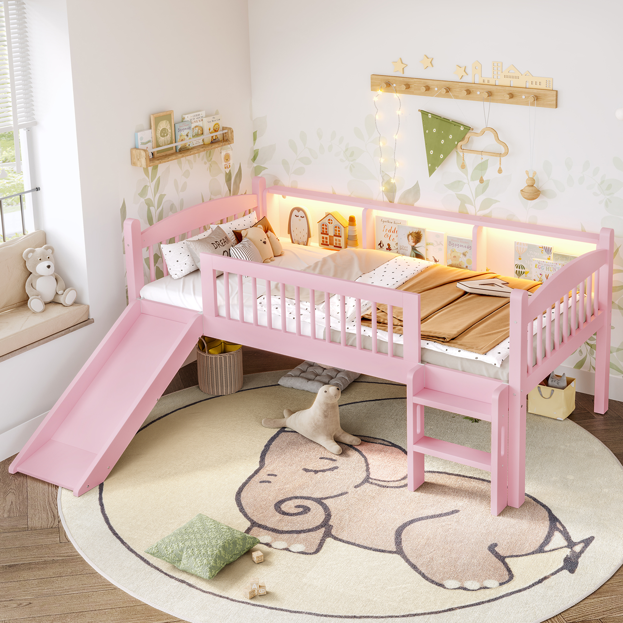Twin XL Loft Bed with Storage Shelves, Solid Wood Lower Loft Bed with LED Lights and Full-length Guardrails, No Box Spring Needed, Pink - Image 2
