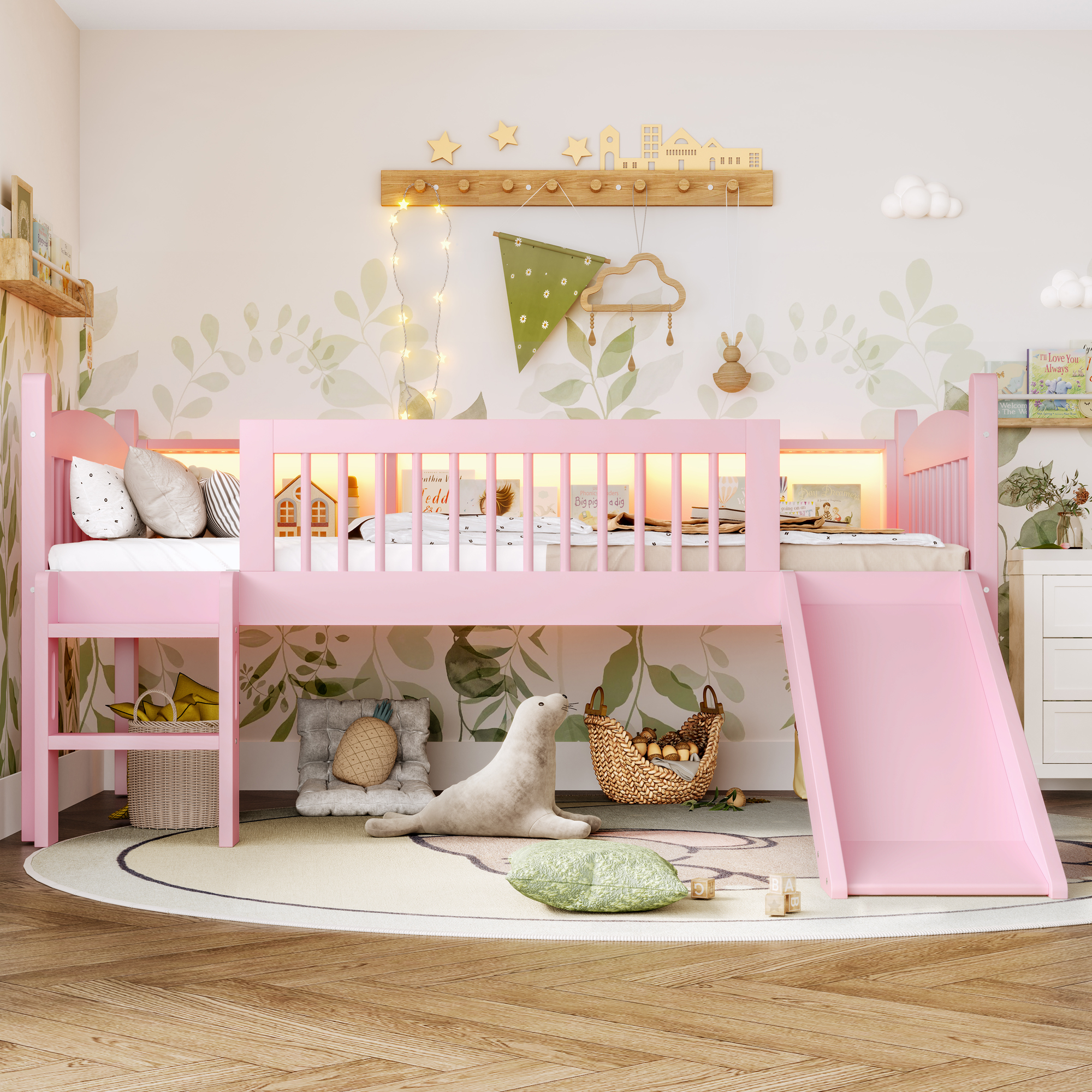 Twin XL Loft Bed with Storage Shelves, Solid Wood Lower Loft Bed with LED Lights and Full-length Guardrails, No Box Spring Needed, Pink - Image 3