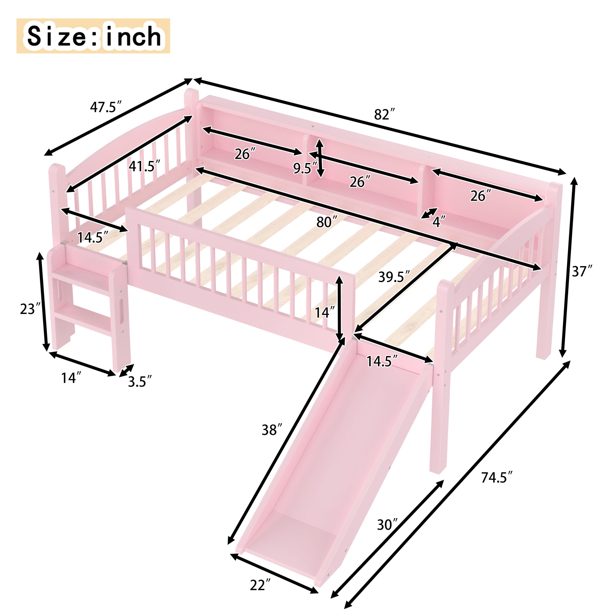 Twin XL Loft Bed with Storage Shelves, Solid Wood Lower Loft Bed with LED Lights and Full-length Guardrails, No Box Spring Needed, Pink - Image 4