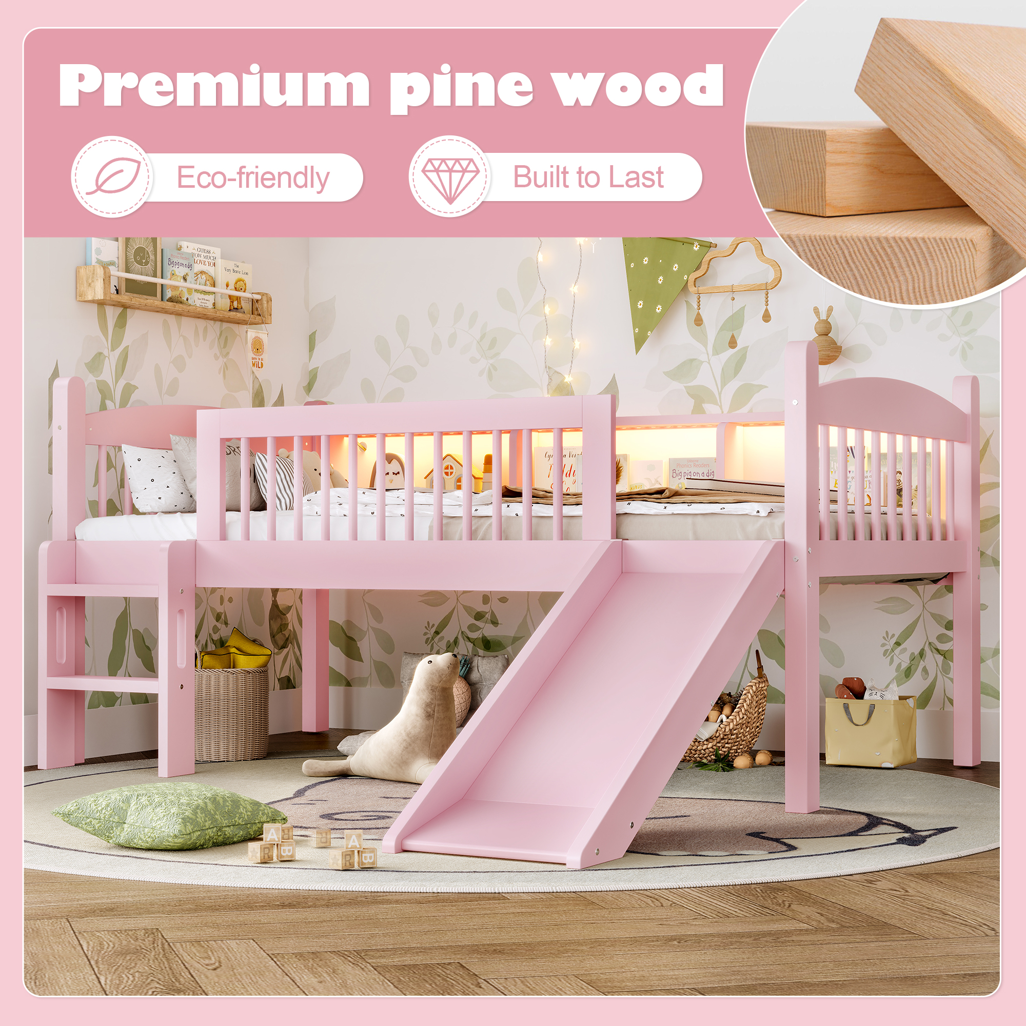 Twin XL Loft Bed with Storage Shelves, Solid Wood Lower Loft Bed with LED Lights and Full-length Guardrails, No Box Spring Needed, Pink - Image 5