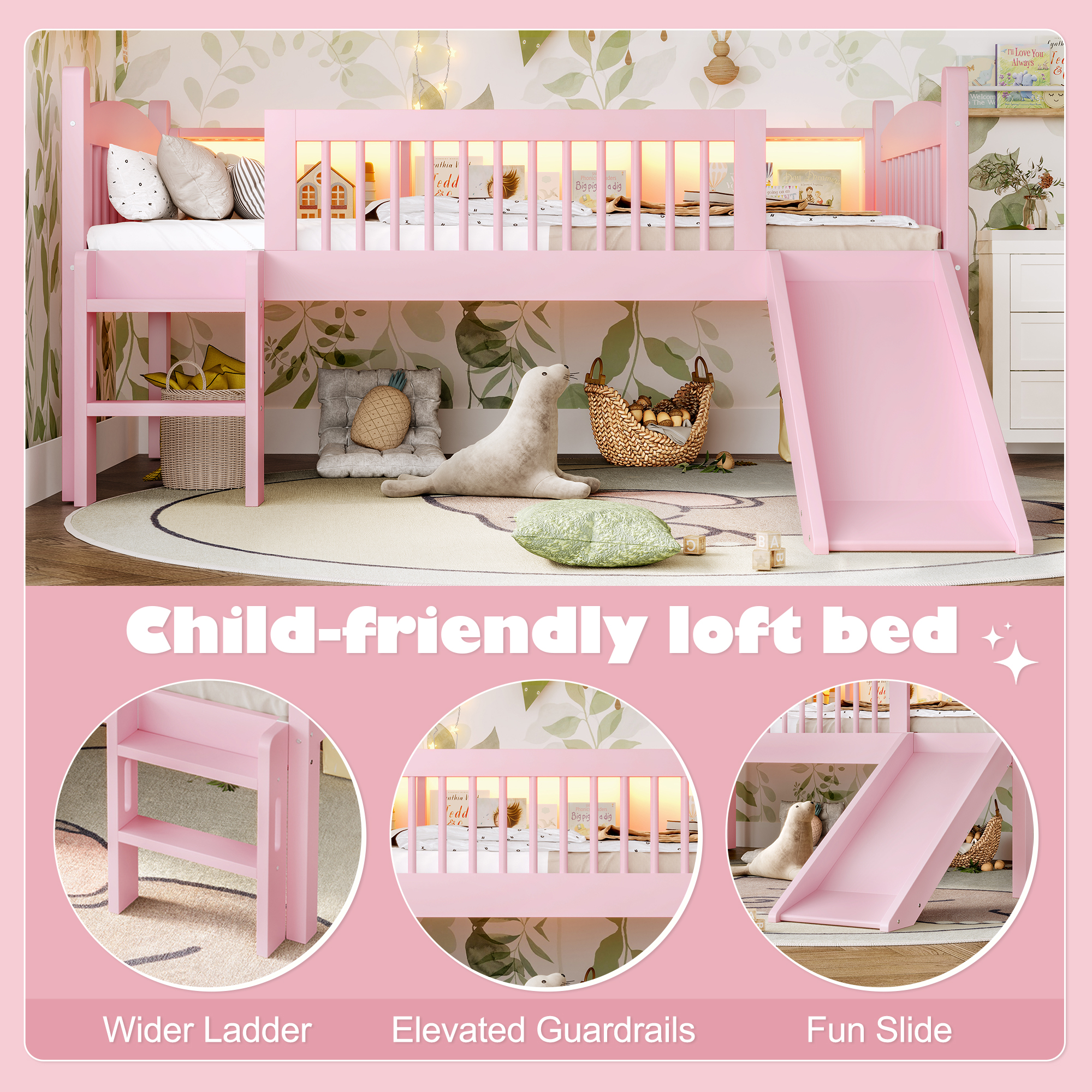 Twin XL Loft Bed with Storage Shelves, Solid Wood Lower Loft Bed with LED Lights and Full-length Guardrails, No Box Spring Needed, Pink - Image 6
