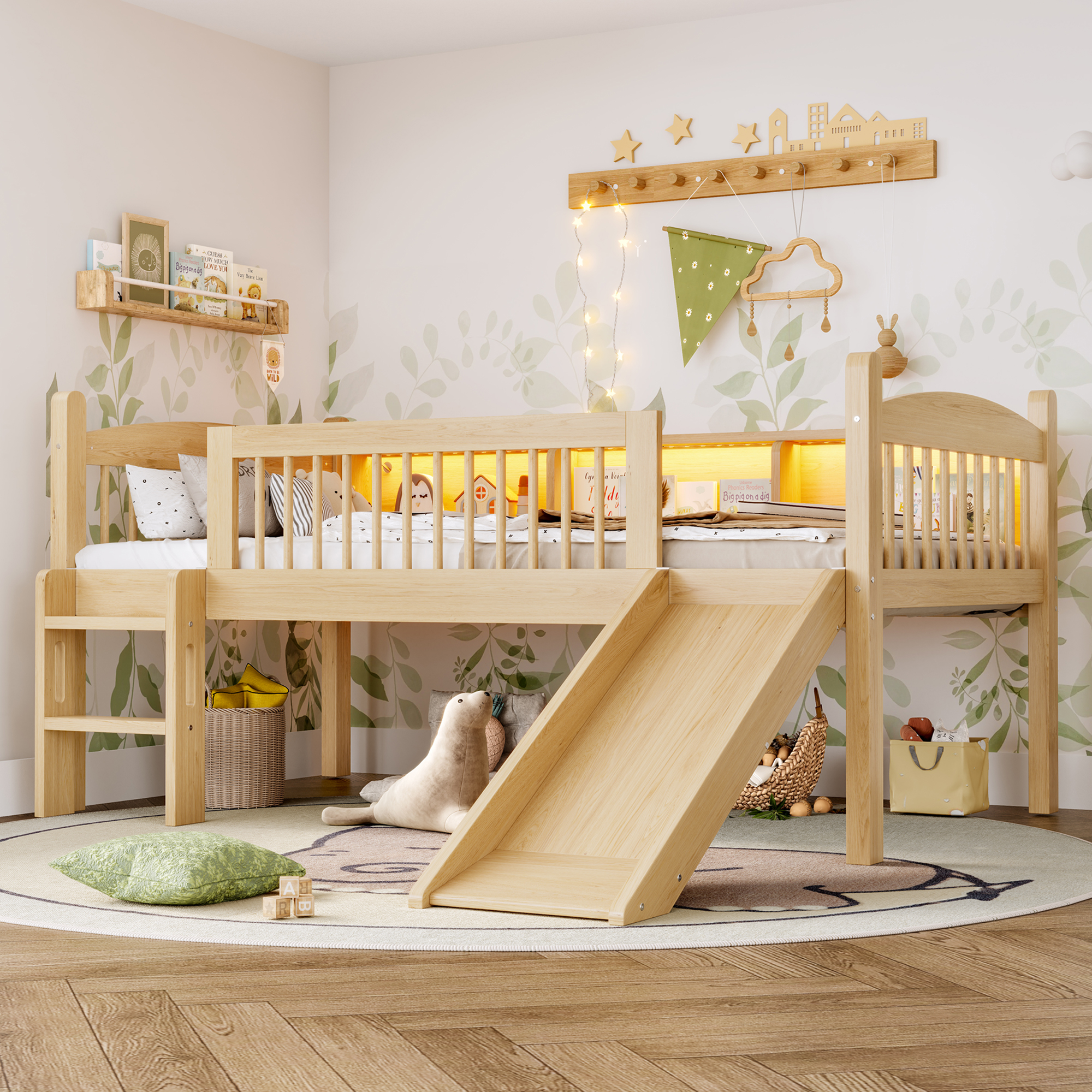 Twin XL Loft Bed with Storage Shelves, Solid Wood Lower Loft Bed with LED Lights and Full-length Guardrails, No Box Spring Needed, Natural