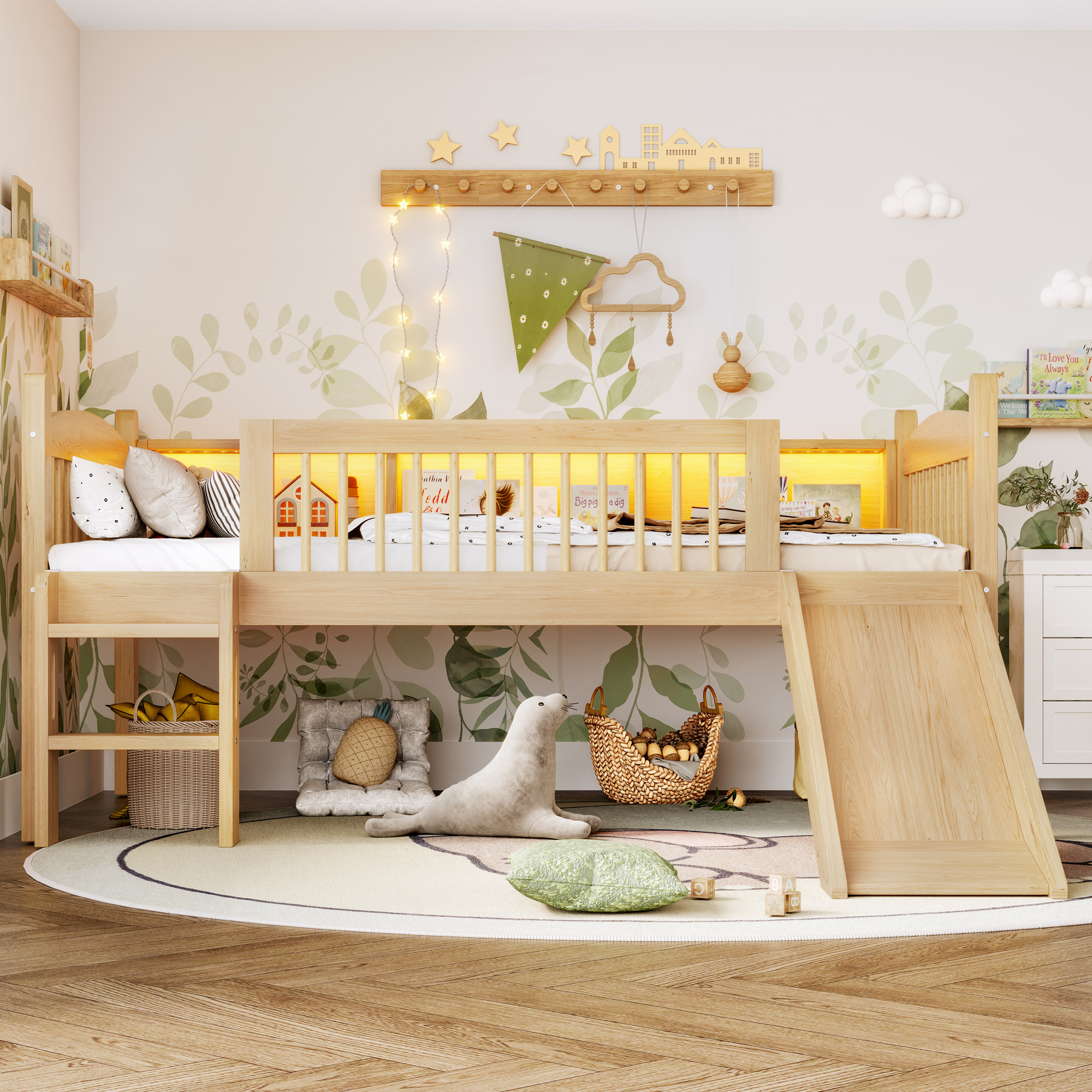 Twin XL Loft Bed with Storage Shelves, Solid Wood Lower Loft Bed with LED Lights and Full-length Guardrails, No Box Spring Needed, Natural - Image 3