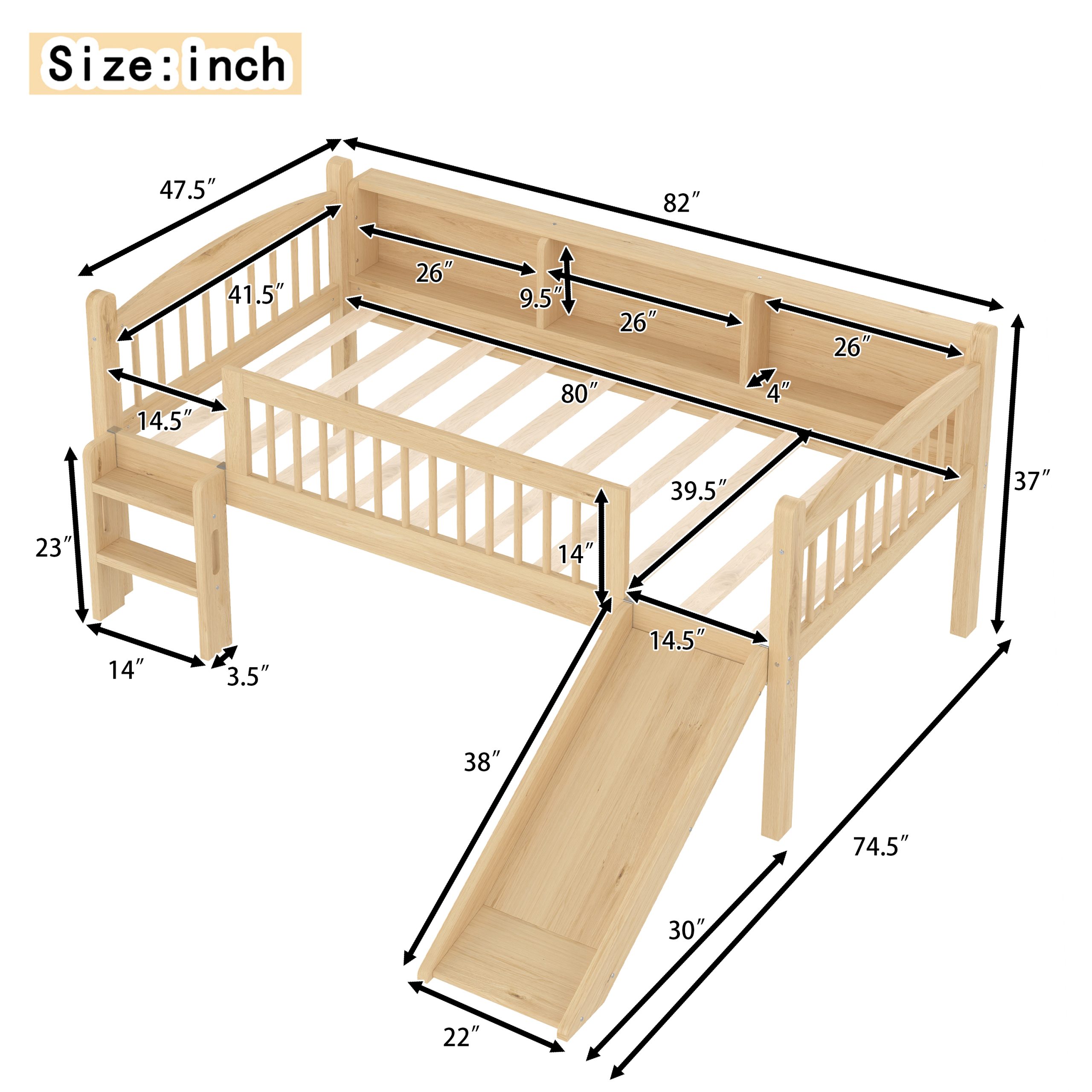 Twin XL Loft Bed with Storage Shelves, Solid Wood Lower Loft Bed with LED Lights and Full-length Guardrails, No Box Spring Needed, Natural - Image 4