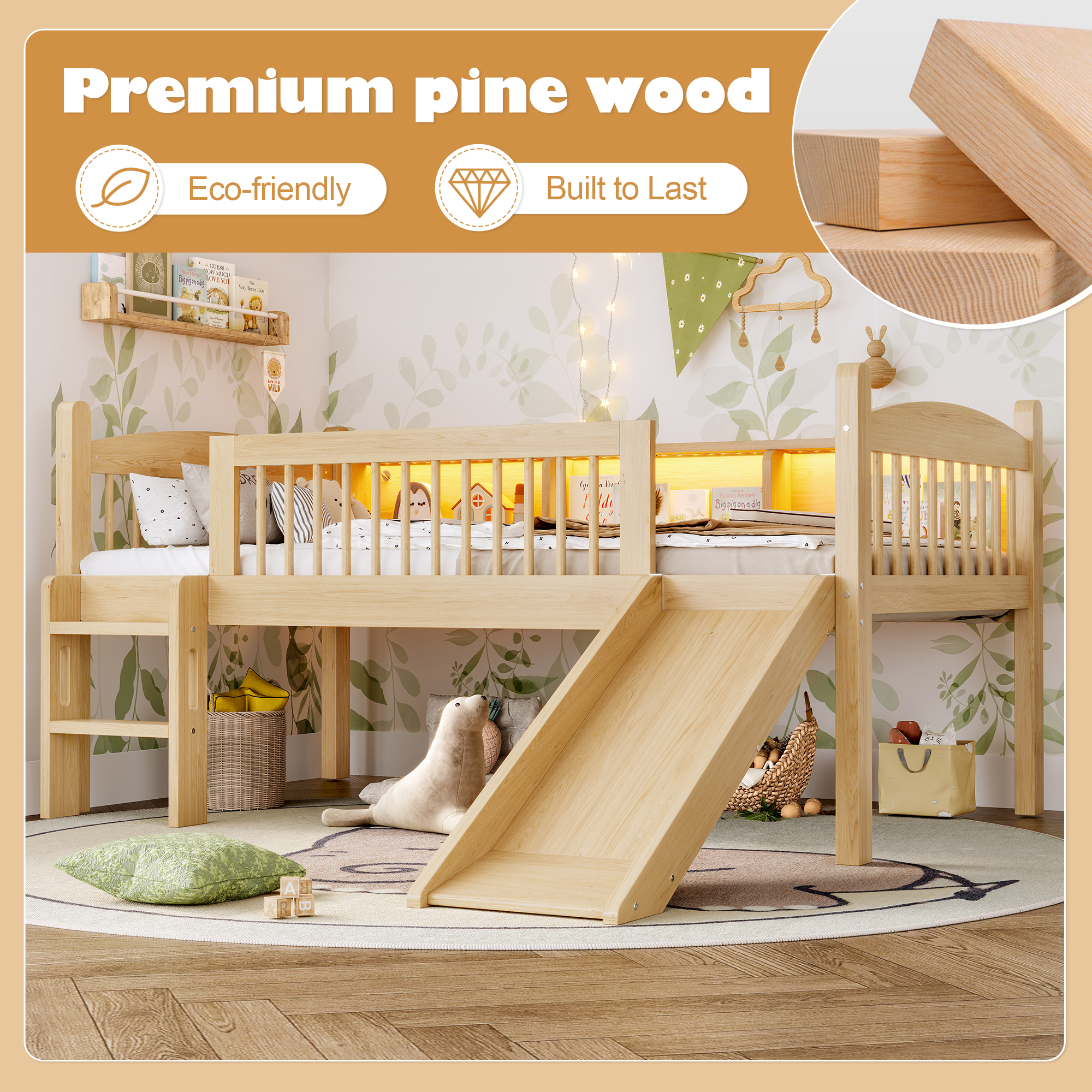Twin XL Loft Bed with Storage Shelves, Solid Wood Lower Loft Bed with LED Lights and Full-length Guardrails, No Box Spring Needed, Natural - Image 5