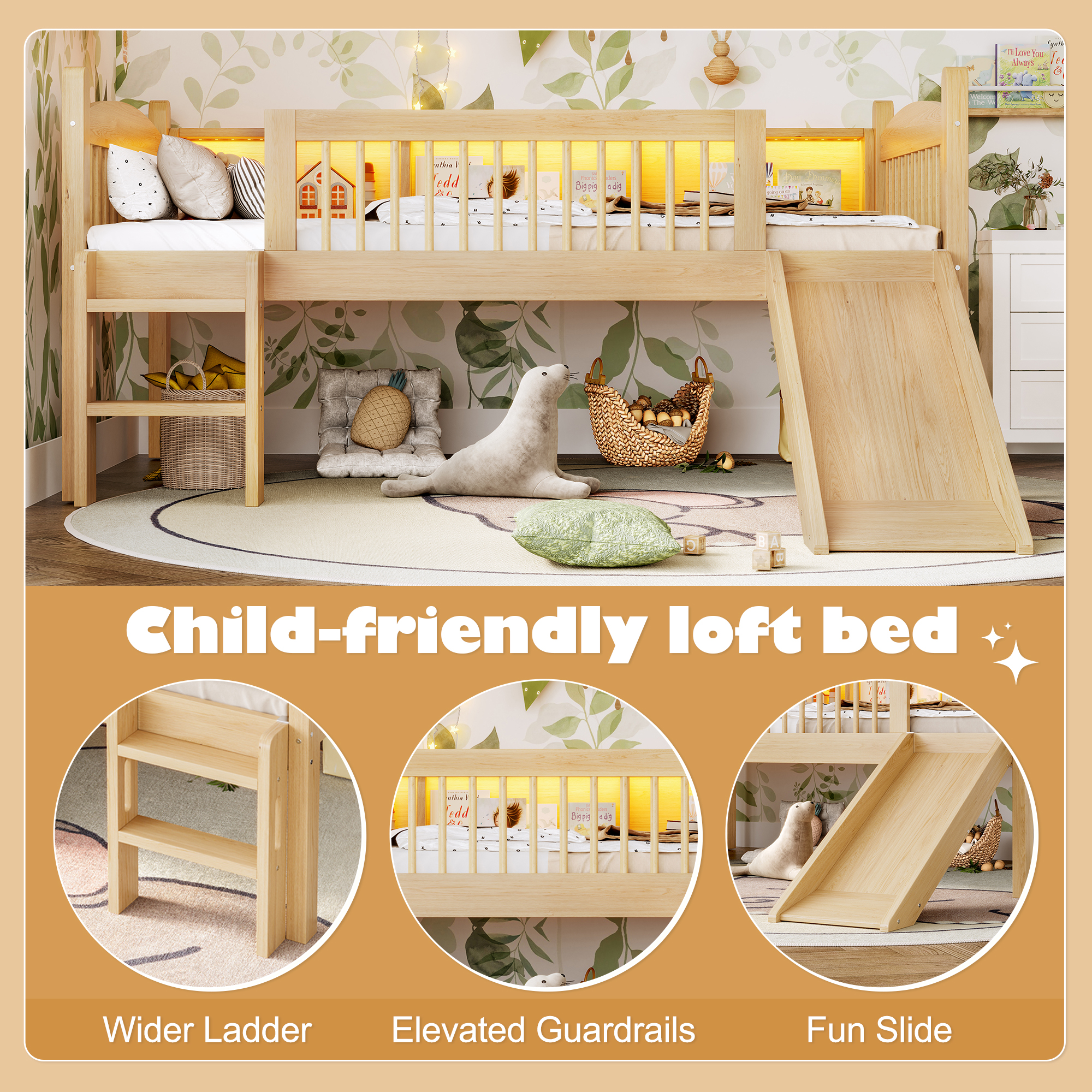 Twin XL Loft Bed with Storage Shelves, Solid Wood Lower Loft Bed with LED Lights and Full-length Guardrails, No Box Spring Needed, Natural - Image 6