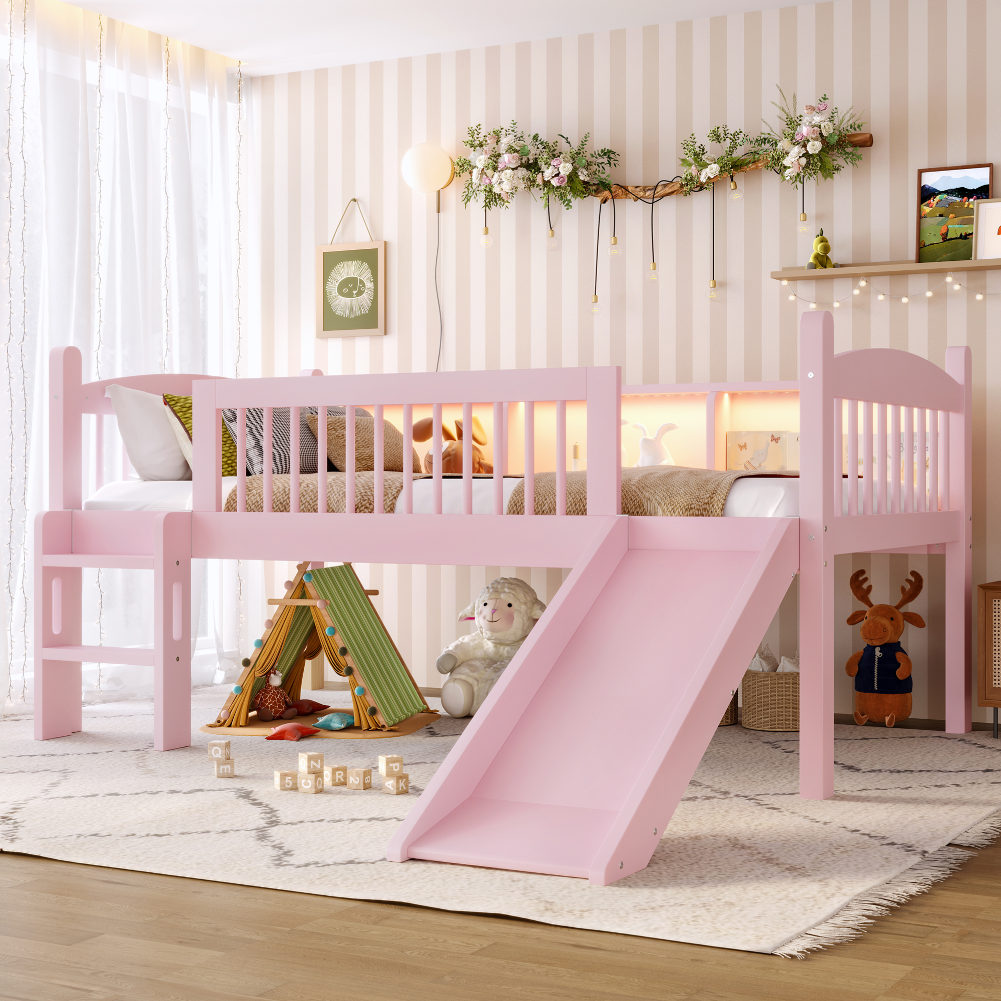 Twin Loft Bed with Storage Shelves, Solid Wood Lower Loft Bed with LED Lights and Full-length Guardrails, No Box Spring Needed, Pink - Image 1