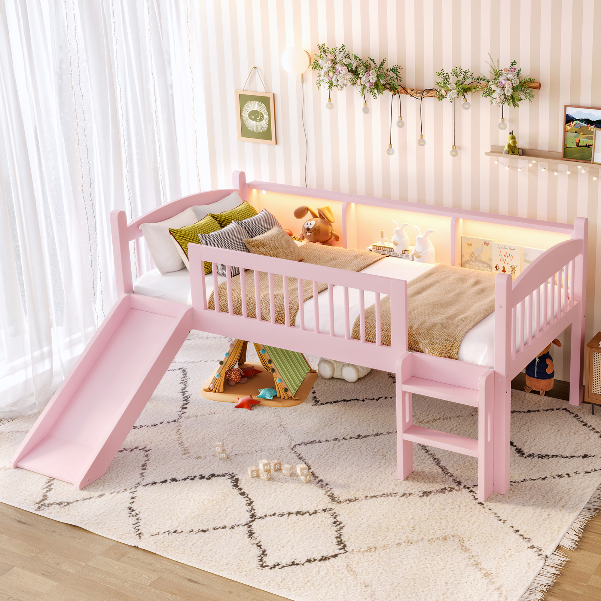 Twin Loft Bed with Storage Shelves, Solid Wood Lower Loft Bed with LED Lights and Full-length Guardrails, No Box Spring Needed, Pink - Image 2