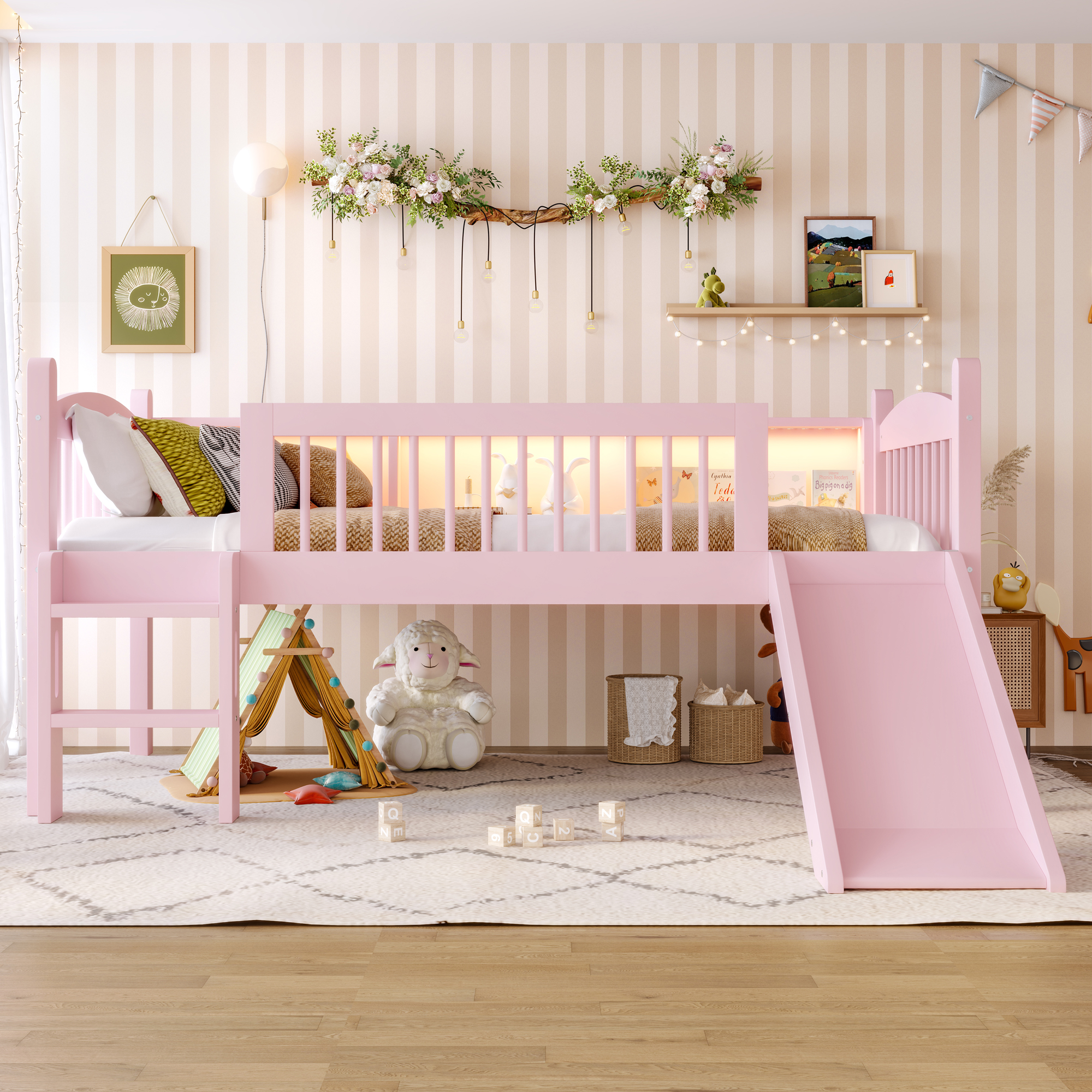 Twin Loft Bed with Storage Shelves, Solid Wood Lower Loft Bed with LED Lights and Full-length Guardrails, No Box Spring Needed, Pink - Image 3