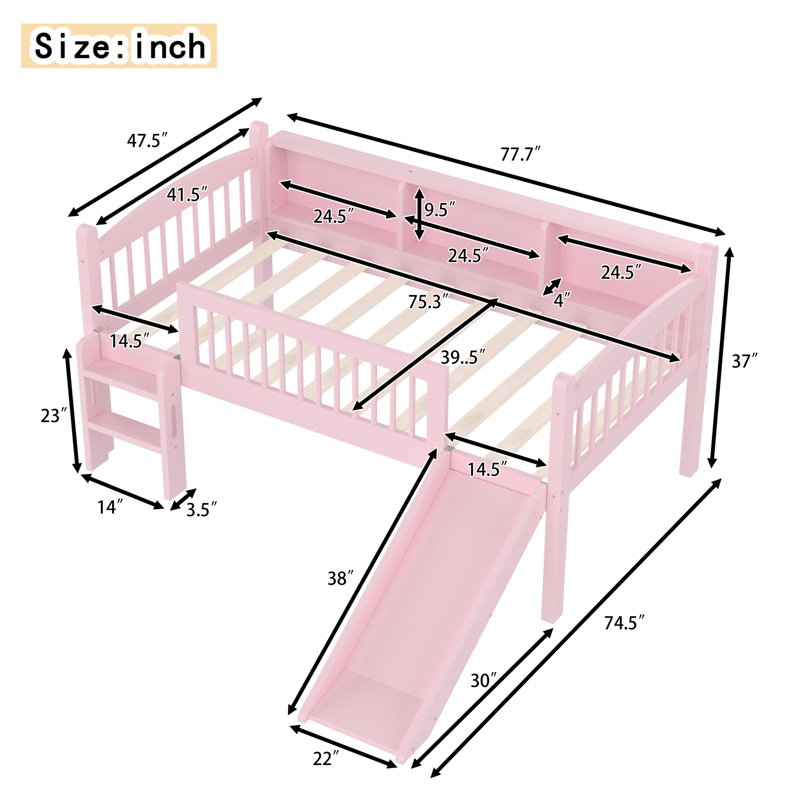 Twin Loft Bed with Storage Shelves, Solid Wood Lower Loft Bed with LED Lights and Full-length Guardrails, No Box Spring Needed, Pink - Image 4