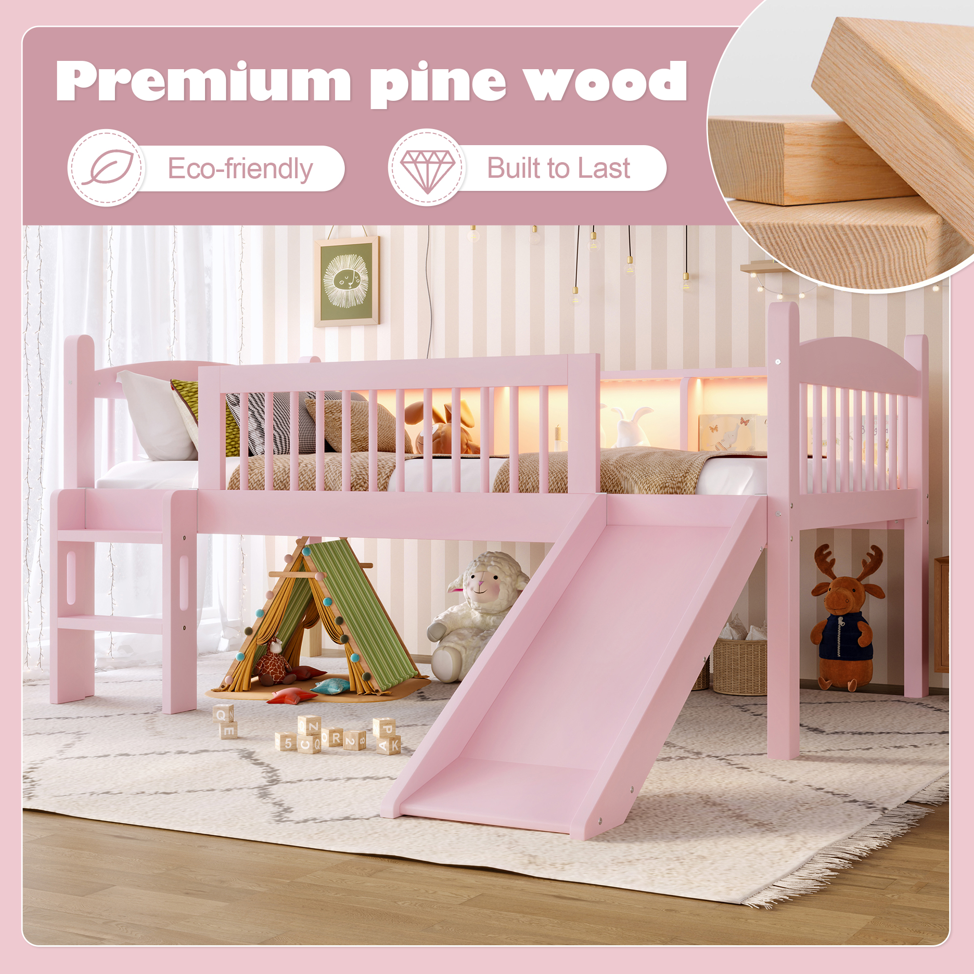 Twin Loft Bed with Storage Shelves, Solid Wood Lower Loft Bed with LED Lights and Full-length Guardrails, No Box Spring Needed, Pink - Image 5
