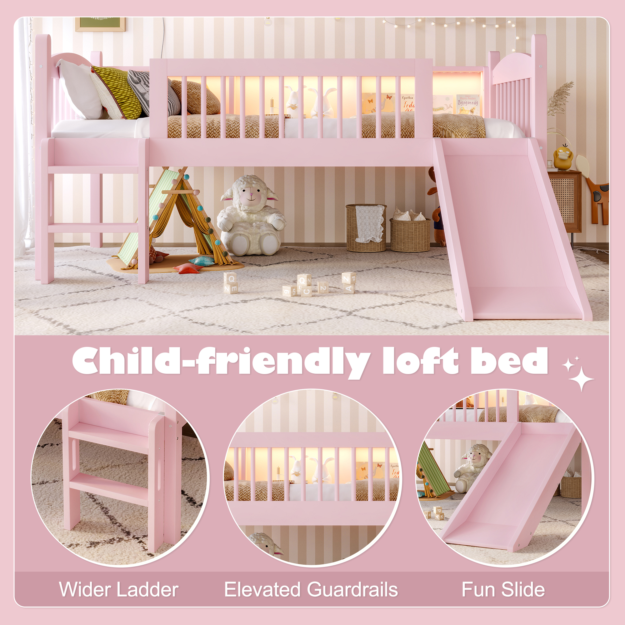 Twin Loft Bed with Storage Shelves, Solid Wood Lower Loft Bed with LED Lights and Full-length Guardrails, No Box Spring Needed, Pink - Image 6