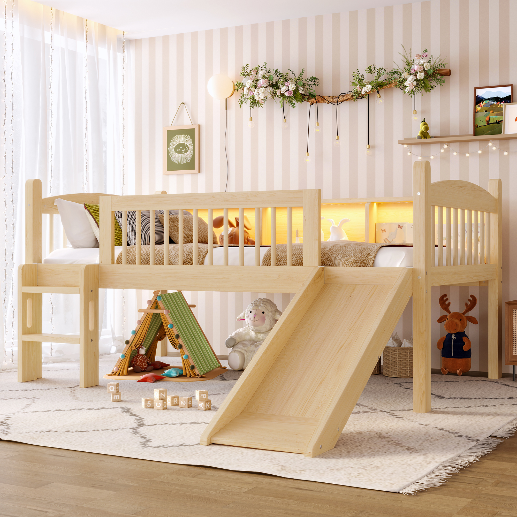 Twin Loft Bed with Storage Shelves, Solid Wood Lower Loft Bed with LED Lights and Full-length Guardrails, No Box Spring Needed, Natural