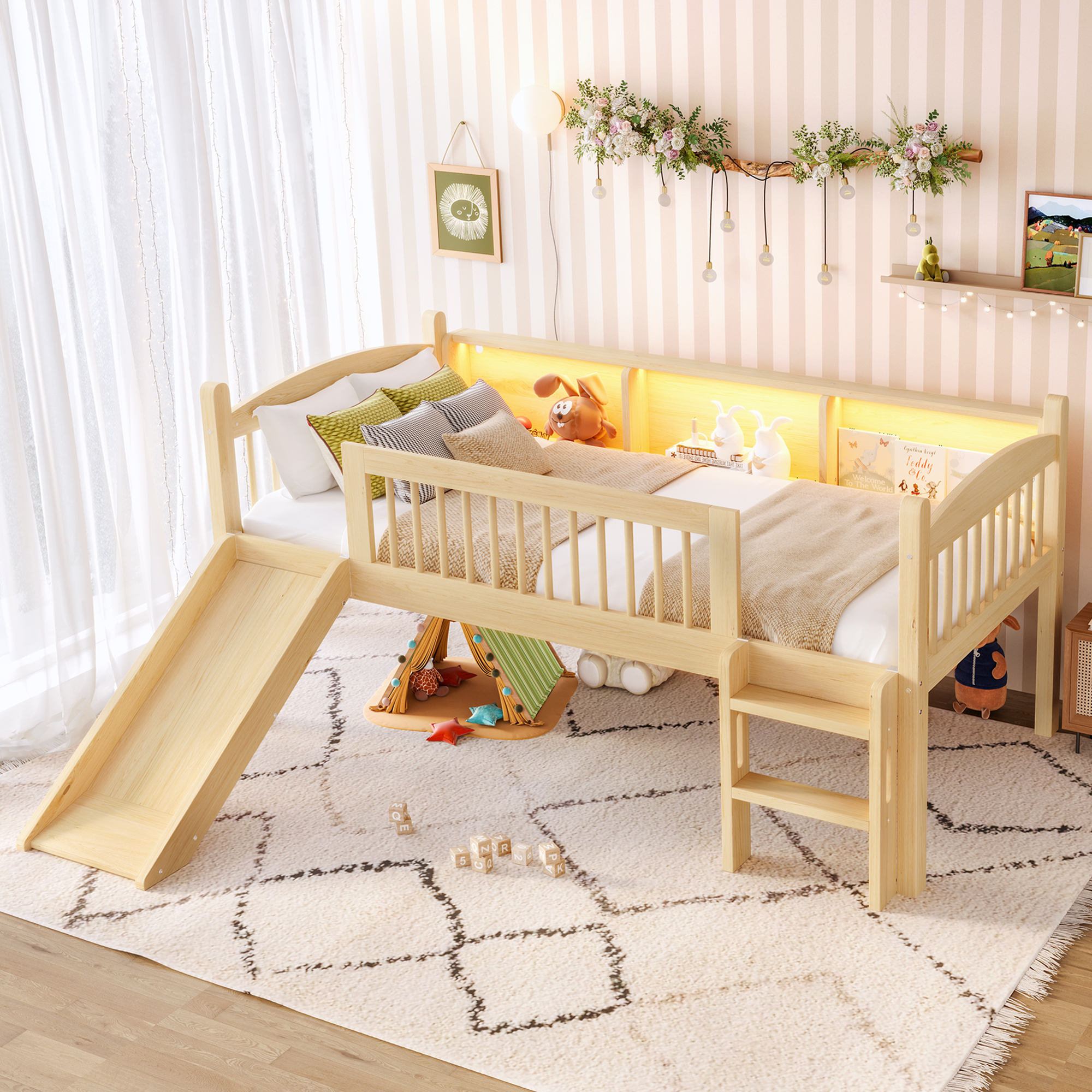 Twin Loft Bed with Storage Shelves, Solid Wood Lower Loft Bed with LED Lights and Full-length Guardrails, No Box Spring Needed, Natural - Image 2