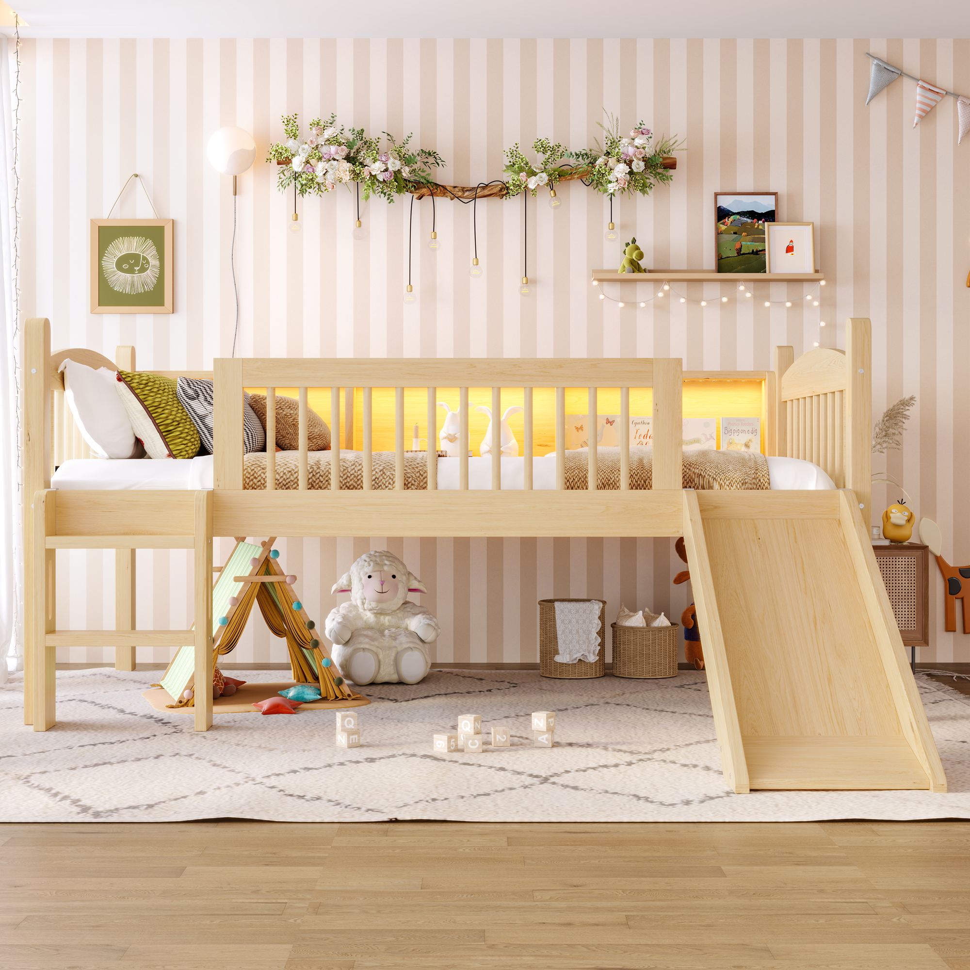 Twin Loft Bed with Storage Shelves, Solid Wood Lower Loft Bed with LED Lights and Full-length Guardrails, No Box Spring Needed, Natural - Image 3
