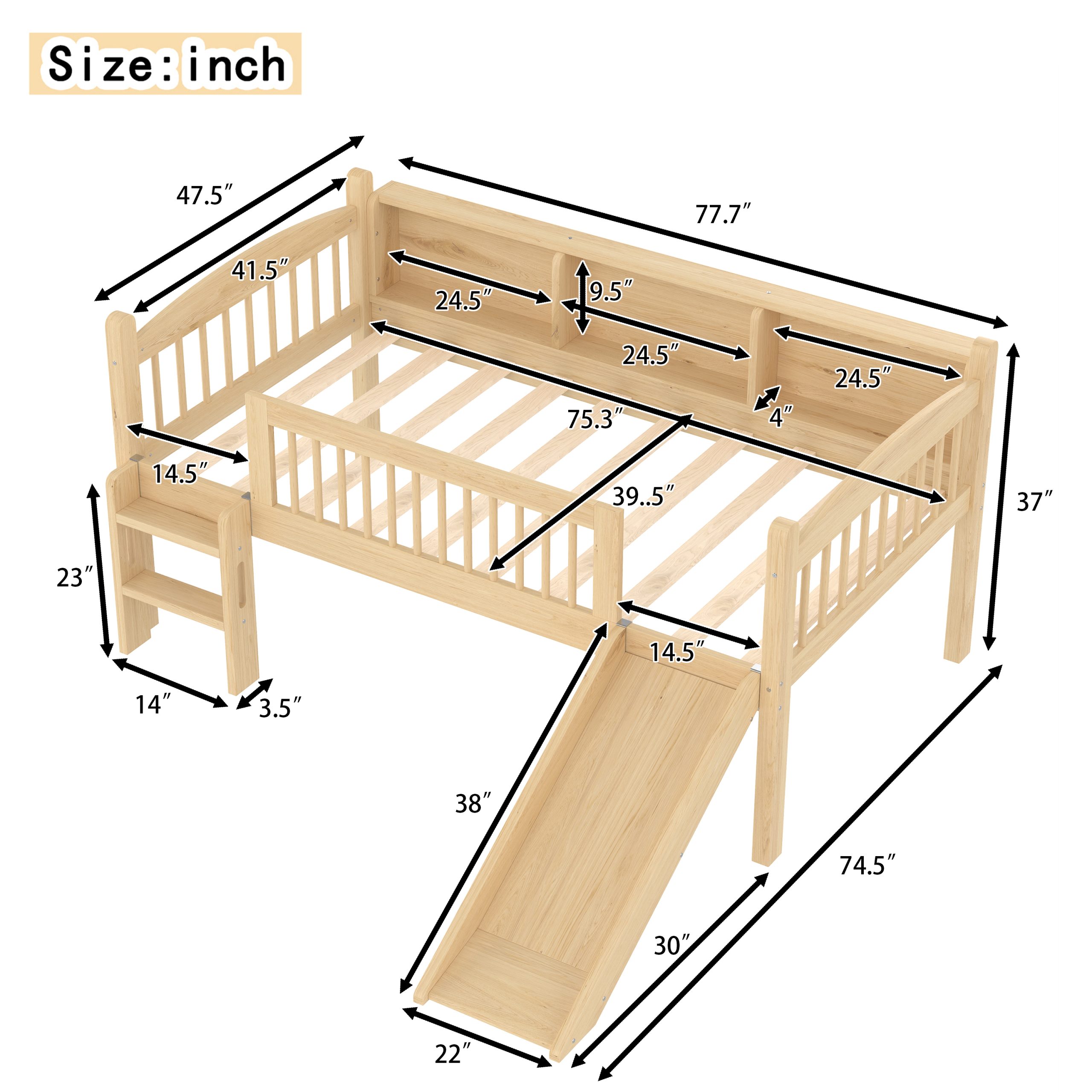 Twin Loft Bed with Storage Shelves, Solid Wood Lower Loft Bed with LED Lights and Full-length Guardrails, No Box Spring Needed, Natural - Image 4