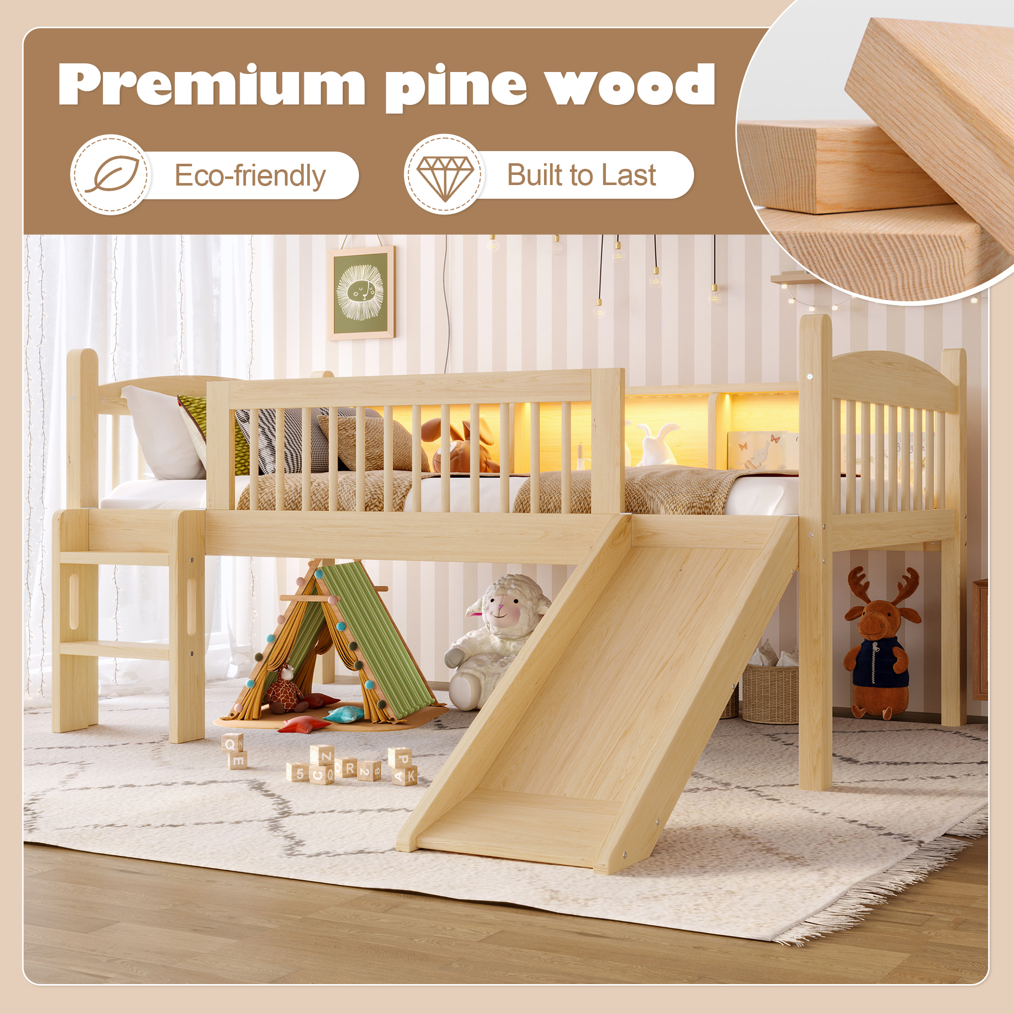 Twin Loft Bed with Storage Shelves, Solid Wood Lower Loft Bed with LED Lights and Full-length Guardrails, No Box Spring Needed, Natural - Image 5