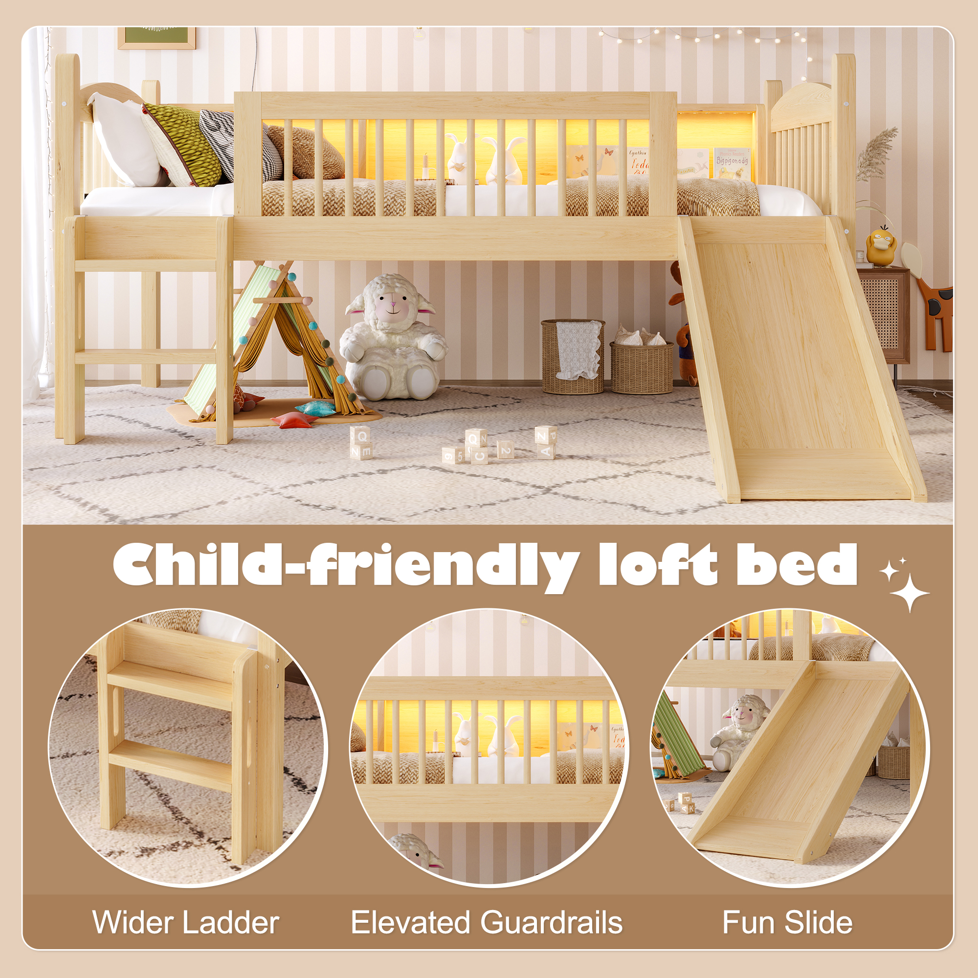 Twin Loft Bed with Storage Shelves, Solid Wood Lower Loft Bed with LED Lights and Full-length Guardrails, No Box Spring Needed, Natural - Image 6