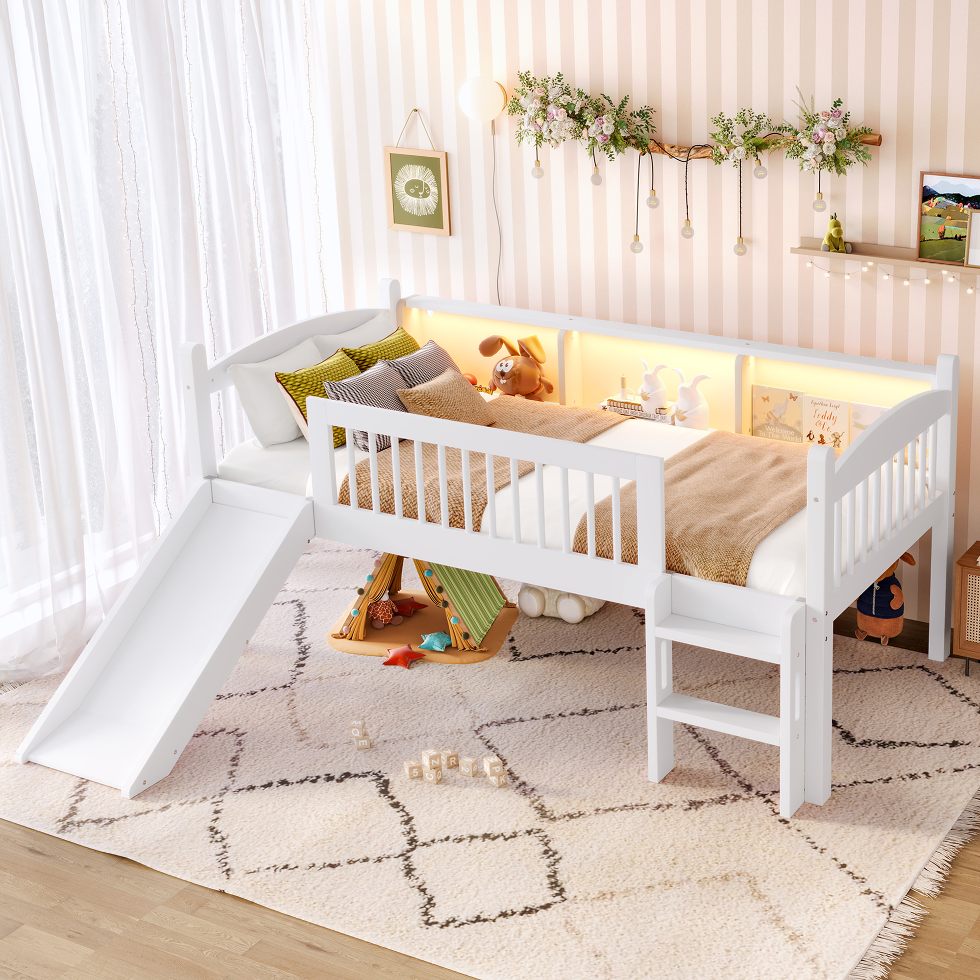 Twin Loft Bed with Storage Shelves, Solid Wood Lower Loft Bed with LED Lights and Full-length Guardrails, No Box Spring Needed, White - Image 2