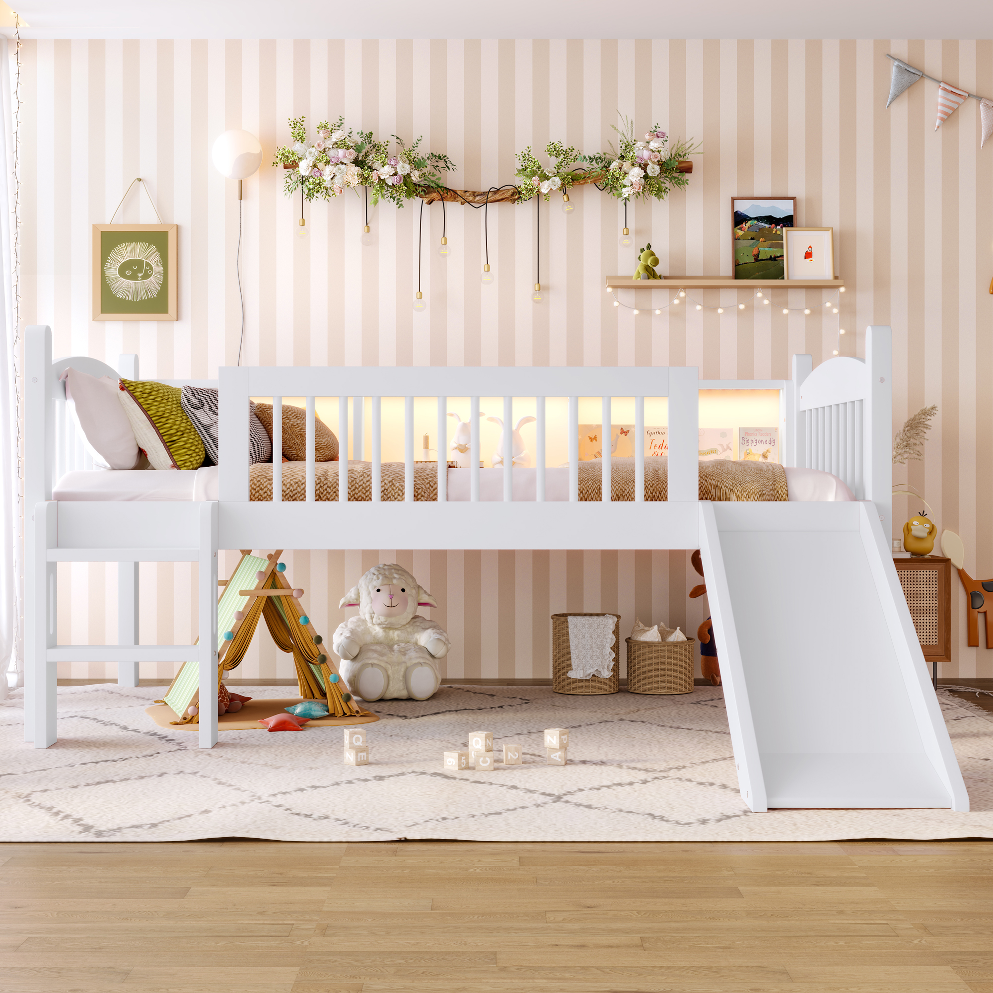 Twin Loft Bed with Storage Shelves, Solid Wood Lower Loft Bed with LED Lights and Full-length Guardrails, No Box Spring Needed, White - Image 3