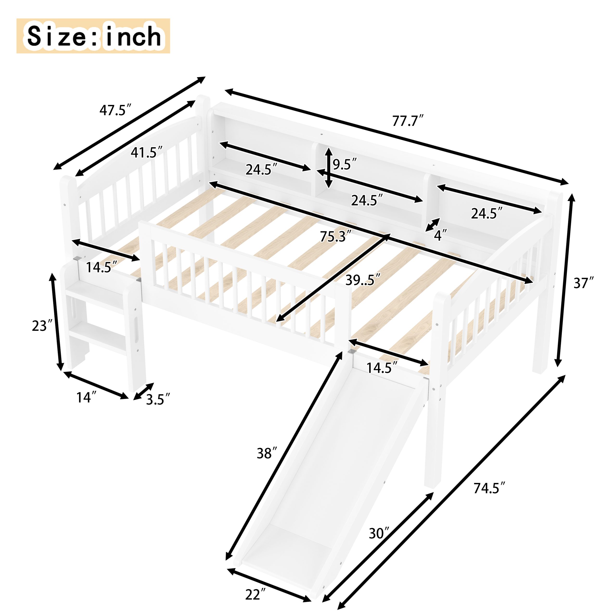 Twin Loft Bed with Storage Shelves, Solid Wood Lower Loft Bed with LED Lights and Full-length Guardrails, No Box Spring Needed, White - Image 4