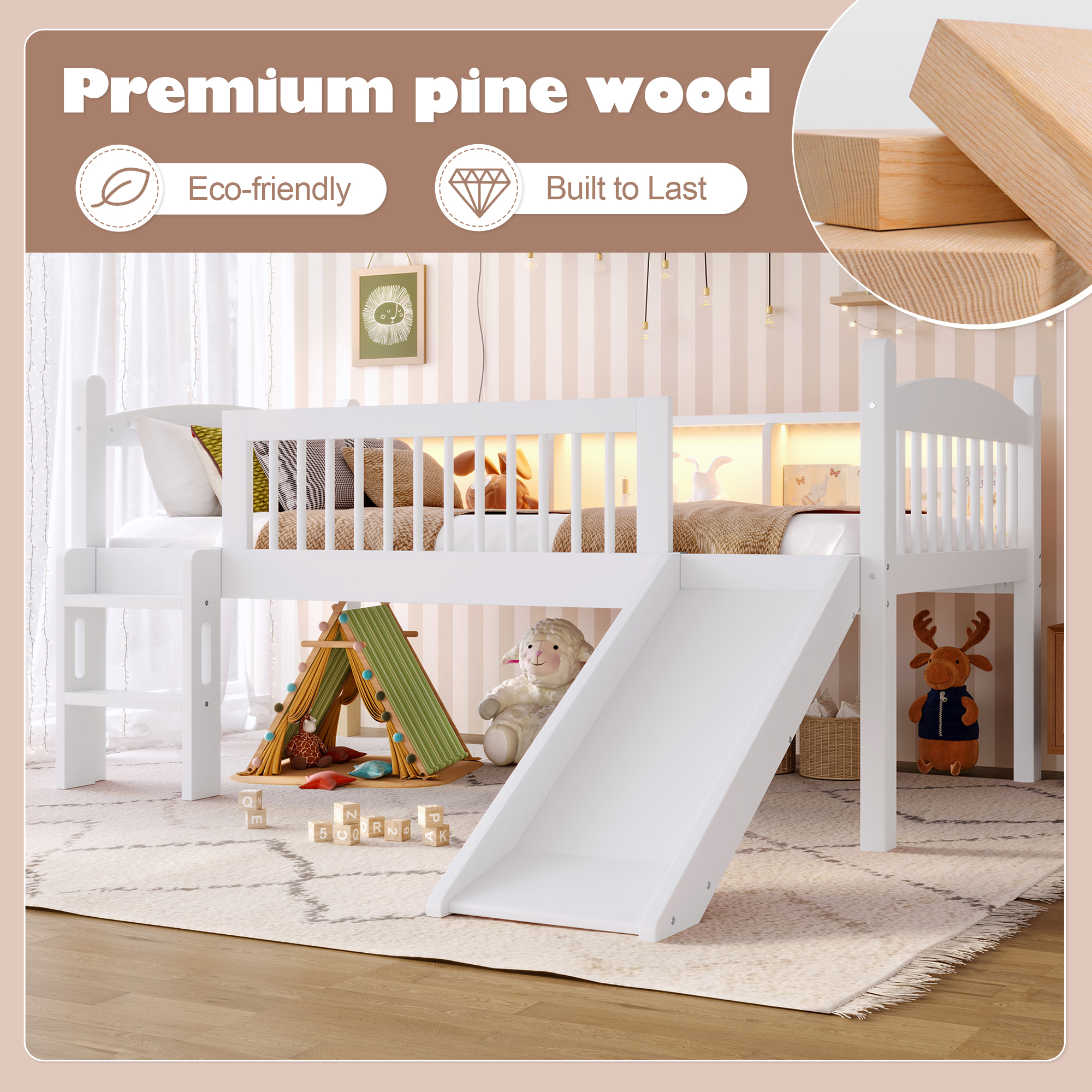 Twin Loft Bed with Storage Shelves, Solid Wood Lower Loft Bed with LED Lights and Full-length Guardrails, No Box Spring Needed, White - Image 5