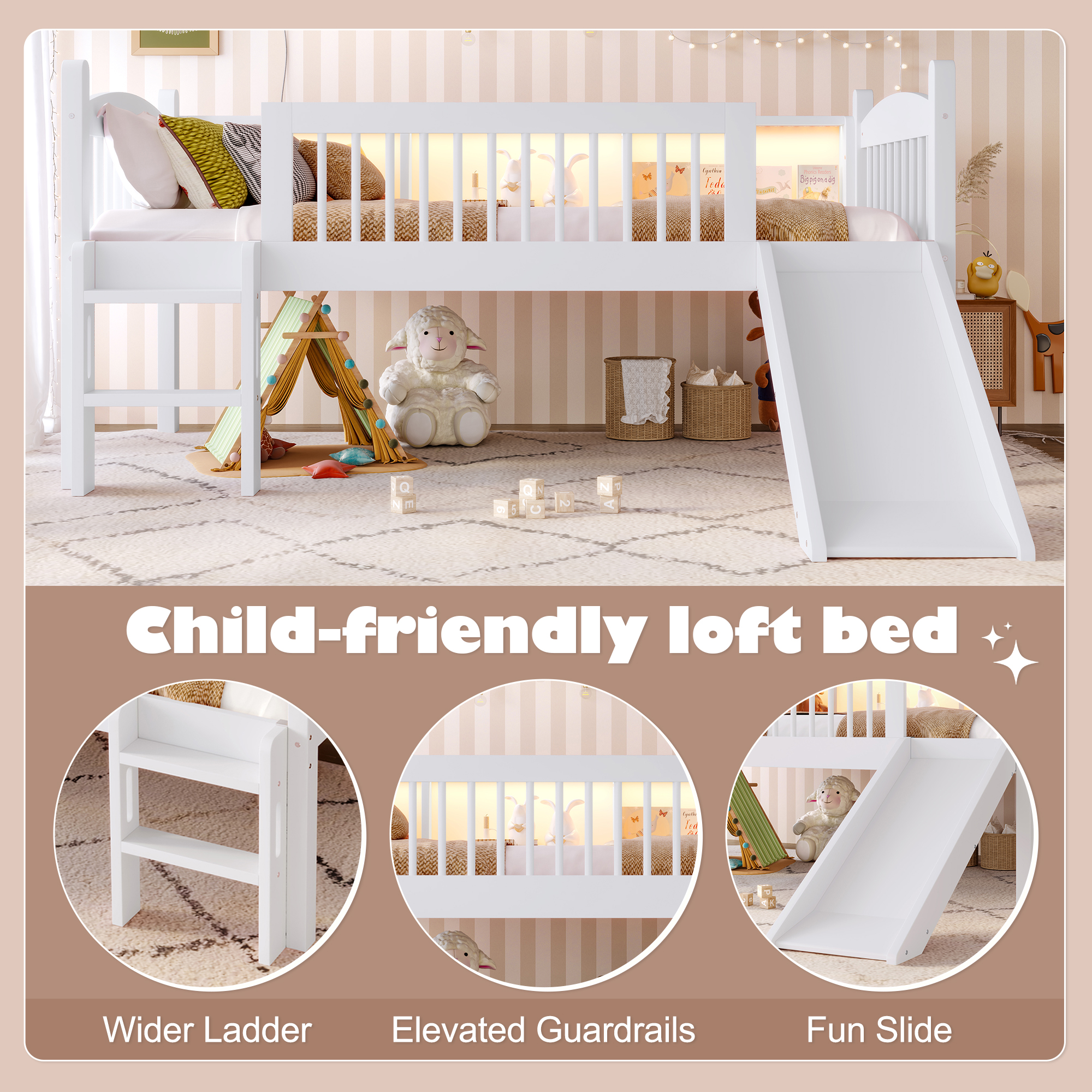 Twin Loft Bed with Storage Shelves, Solid Wood Lower Loft Bed with LED Lights and Full-length Guardrails, No Box Spring Needed, White - Image 6