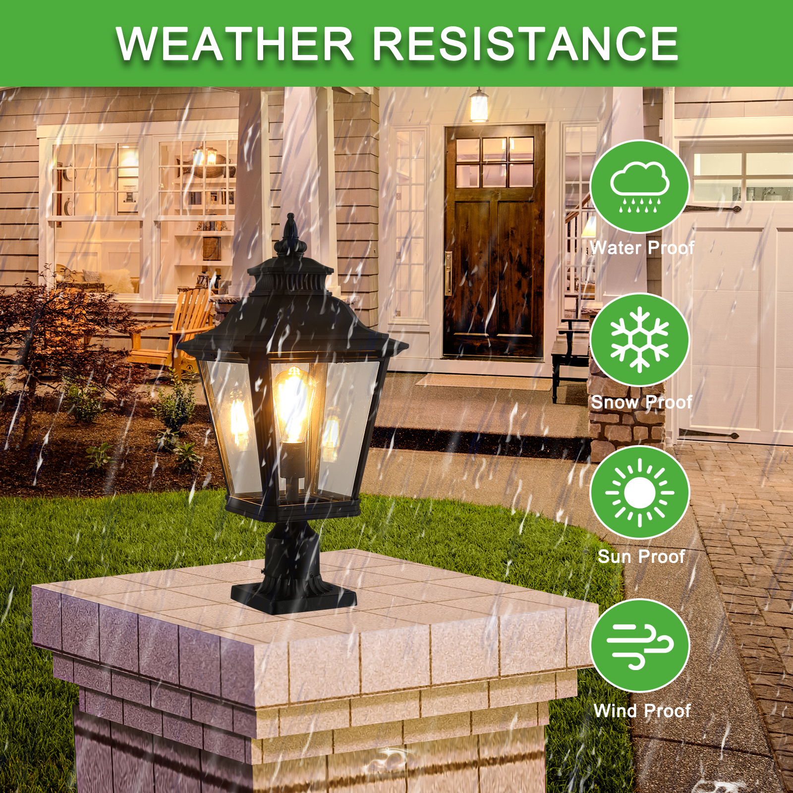 21"(H) 1-Pack Outdoor Post Lantern Light – Vintage Black Metal & Clear Glass Pillar Lamp for Garden, Gate, Driveway, and Pathway Lighting with Elegant Design (Bulb Not Included) - Image 5