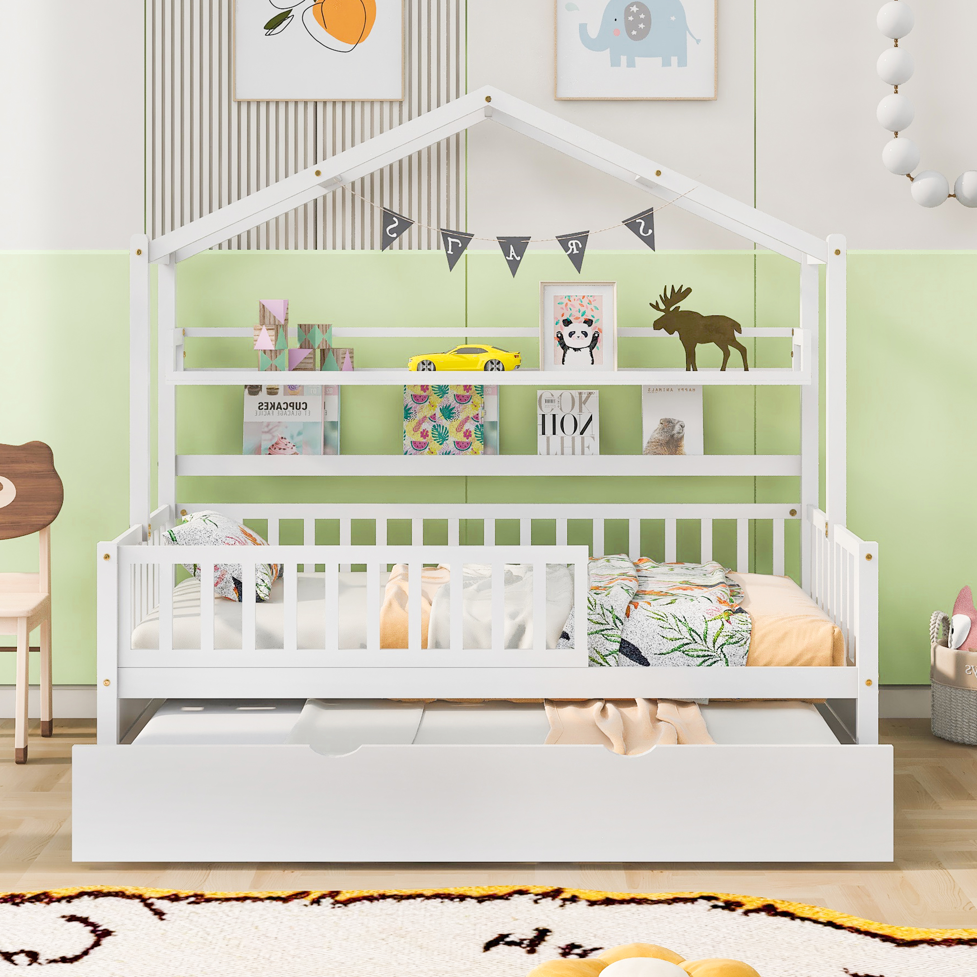 Wooden Twin Size House Bed with Trundle,Kids Bed with Shelf, White(Old SKU:WF301682AAK) - Image 2