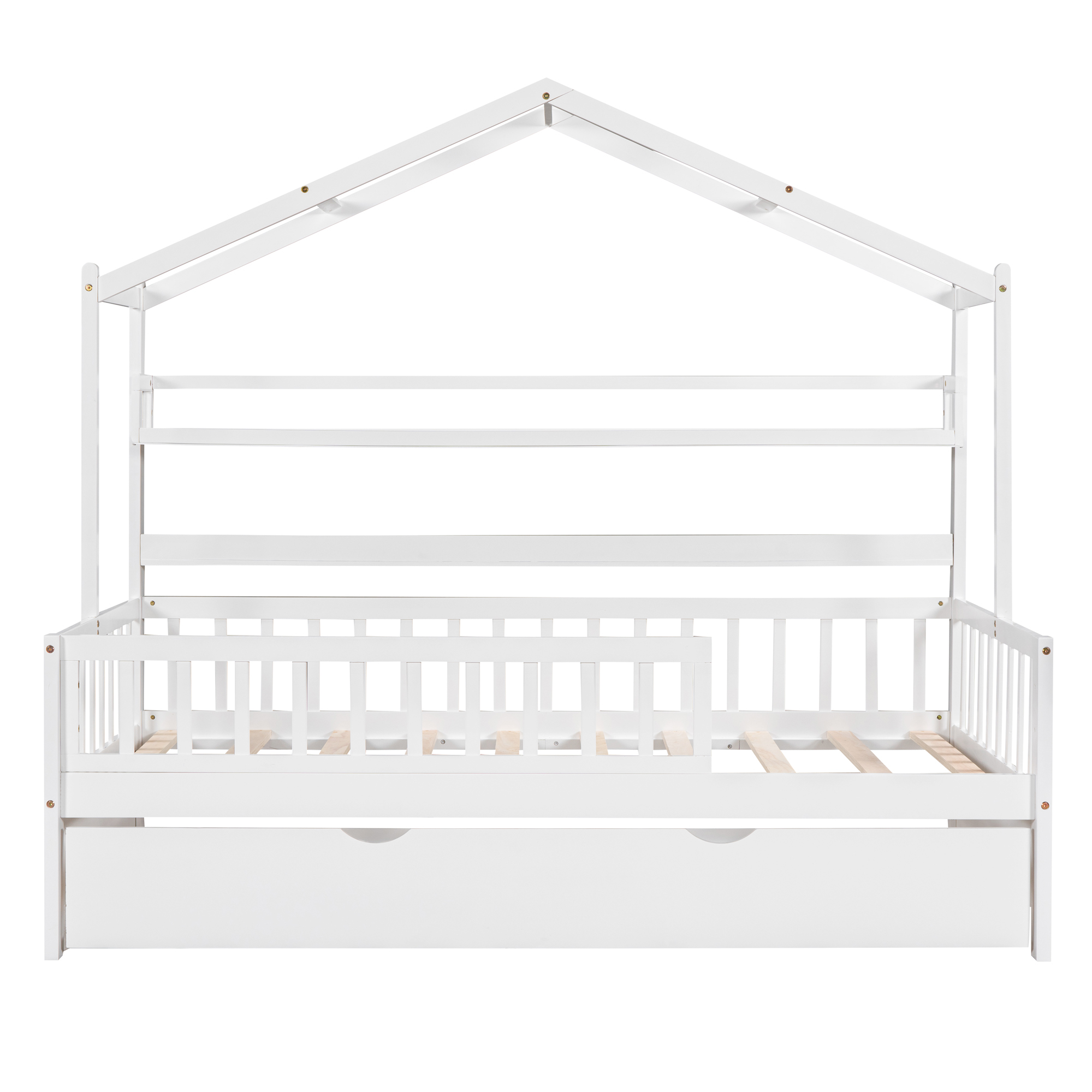 Wooden Twin Size House Bed with Trundle,Kids Bed with Shelf, White(Old SKU:WF301682AAK) - Image 3