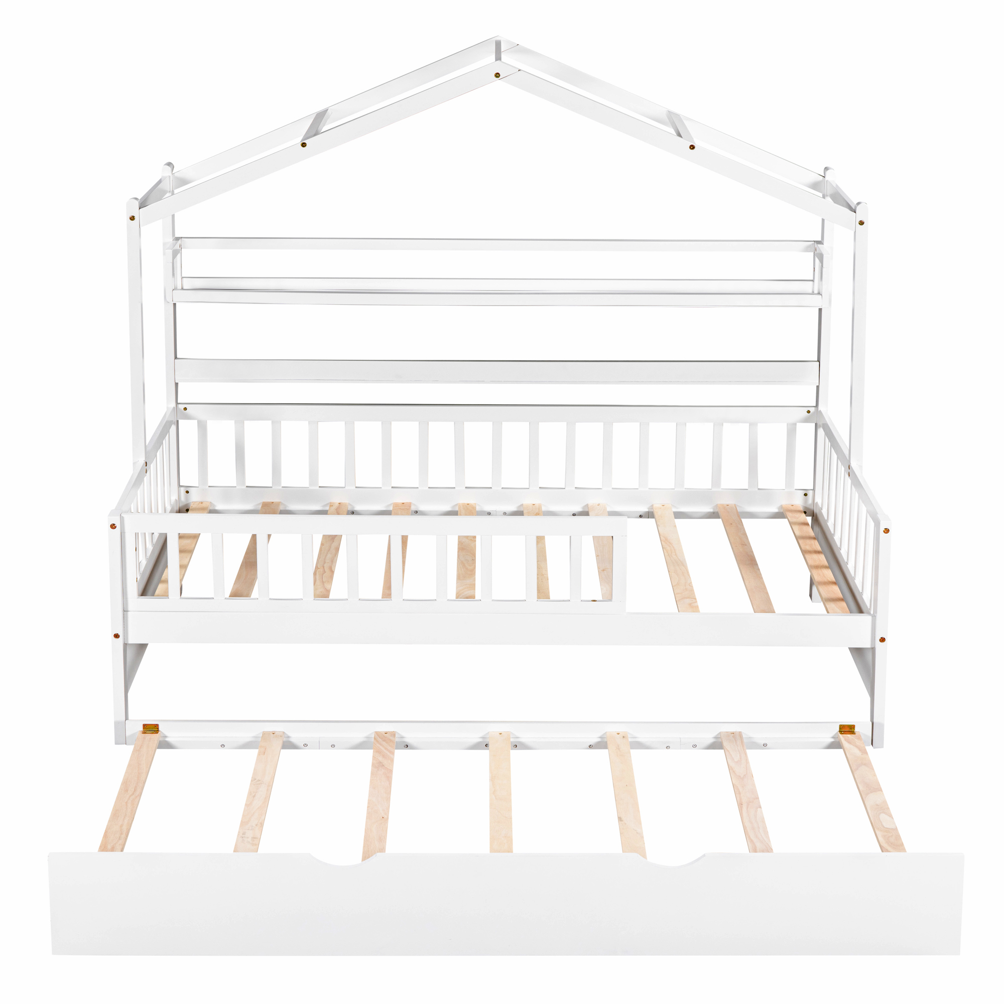 Wooden Twin Size House Bed with Trundle,Kids Bed with Shelf, White(Old SKU:WF301682AAK) - Image 4