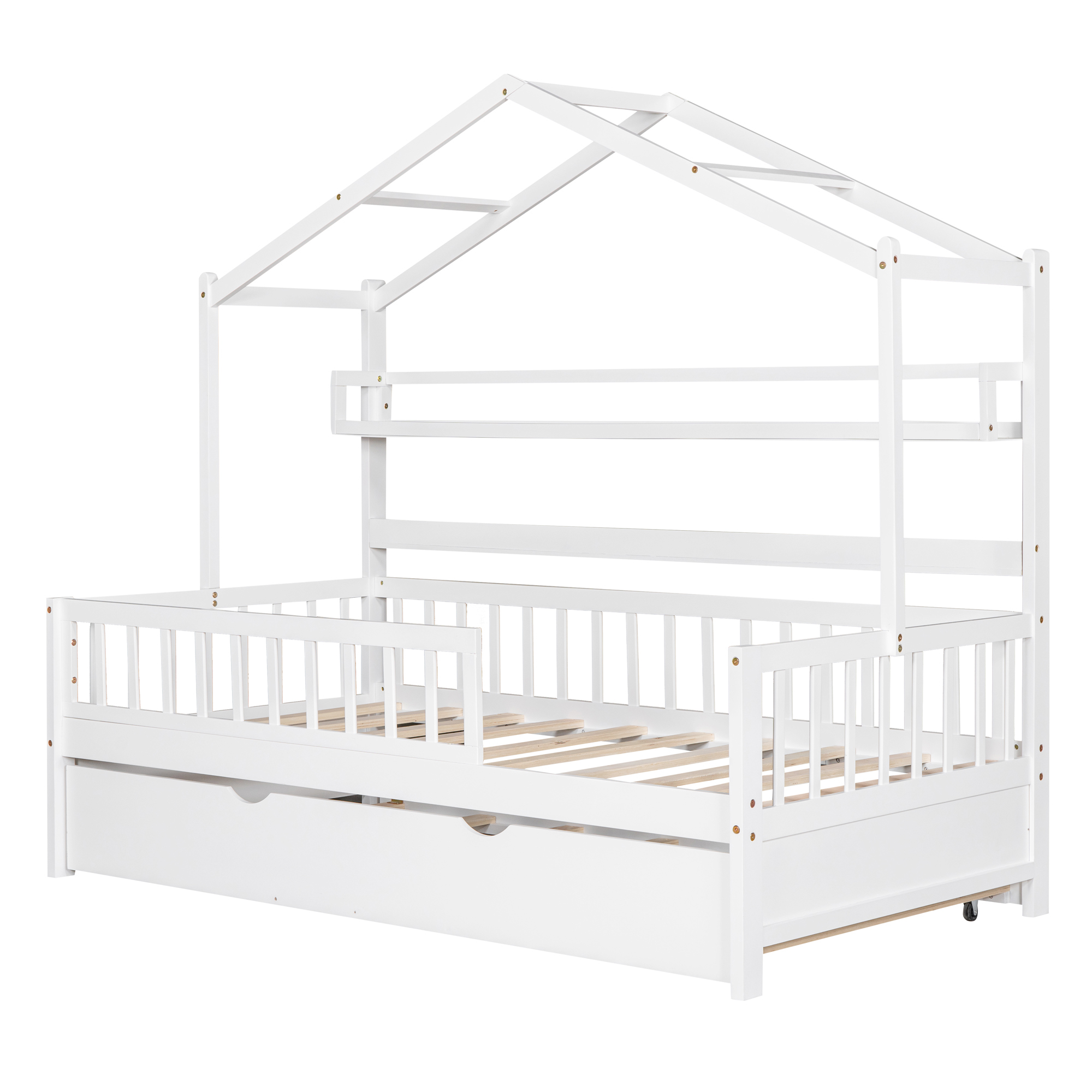 Wooden Twin Size House Bed with Trundle,Kids Bed with Shelf, White(Old SKU:WF301682AAK) - Image 5