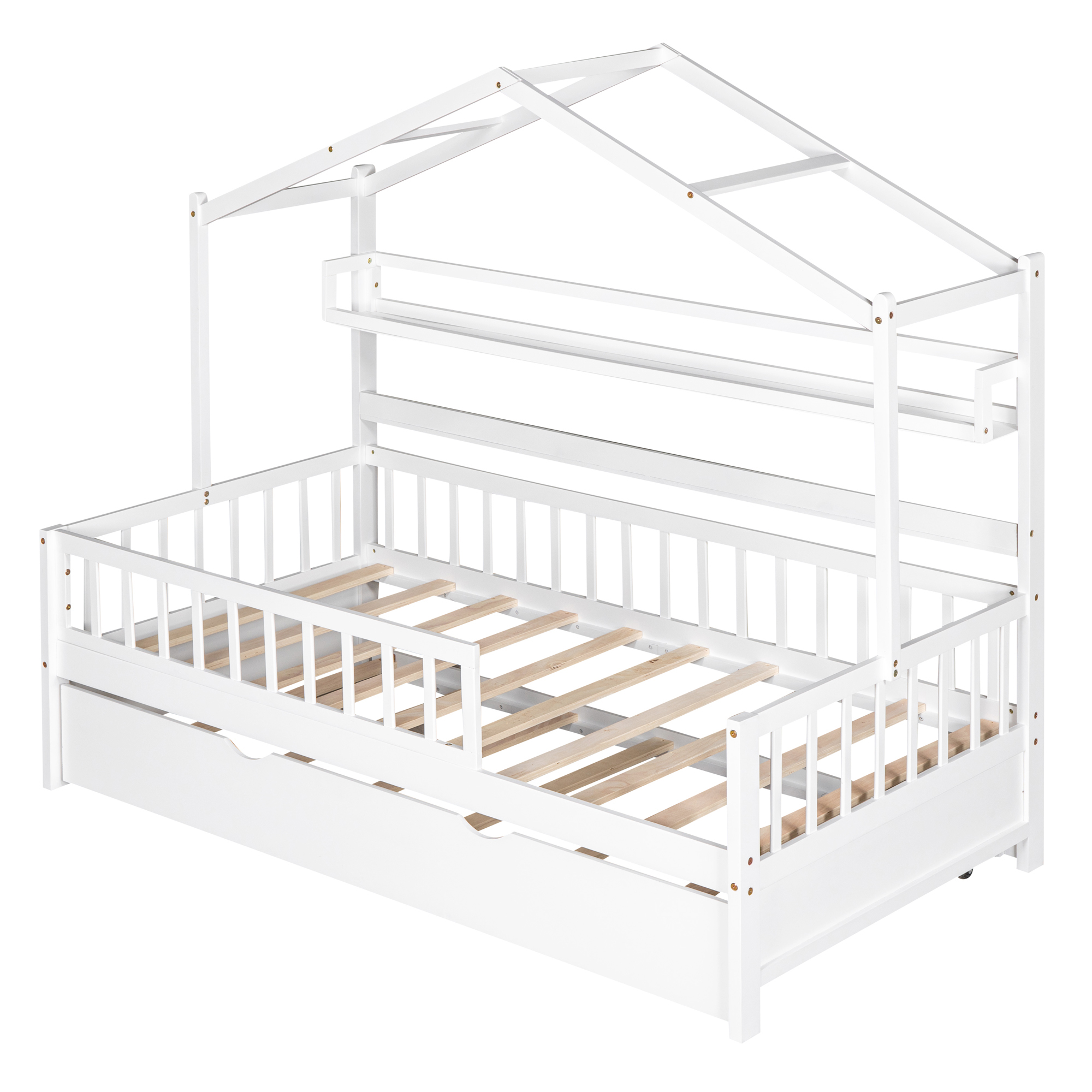 Wooden Twin Size House Bed with Trundle,Kids Bed with Shelf, White(Old SKU:WF301682AAK) - Image 6