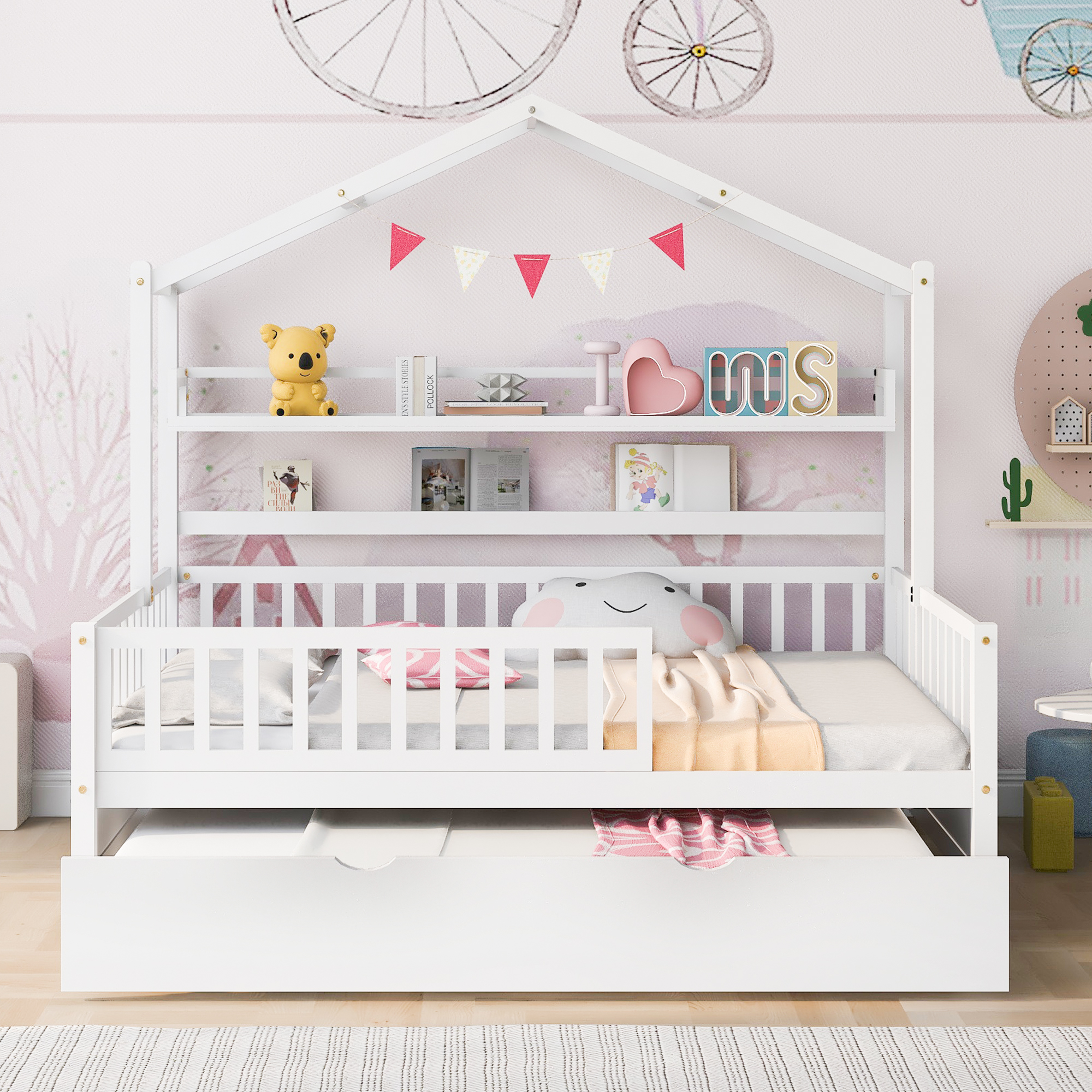 Wooden Full Size House Bed with Twin Size Trundle,Kids Bed with Shelf, White(Old SKU:WF301683AAK) - Image 2