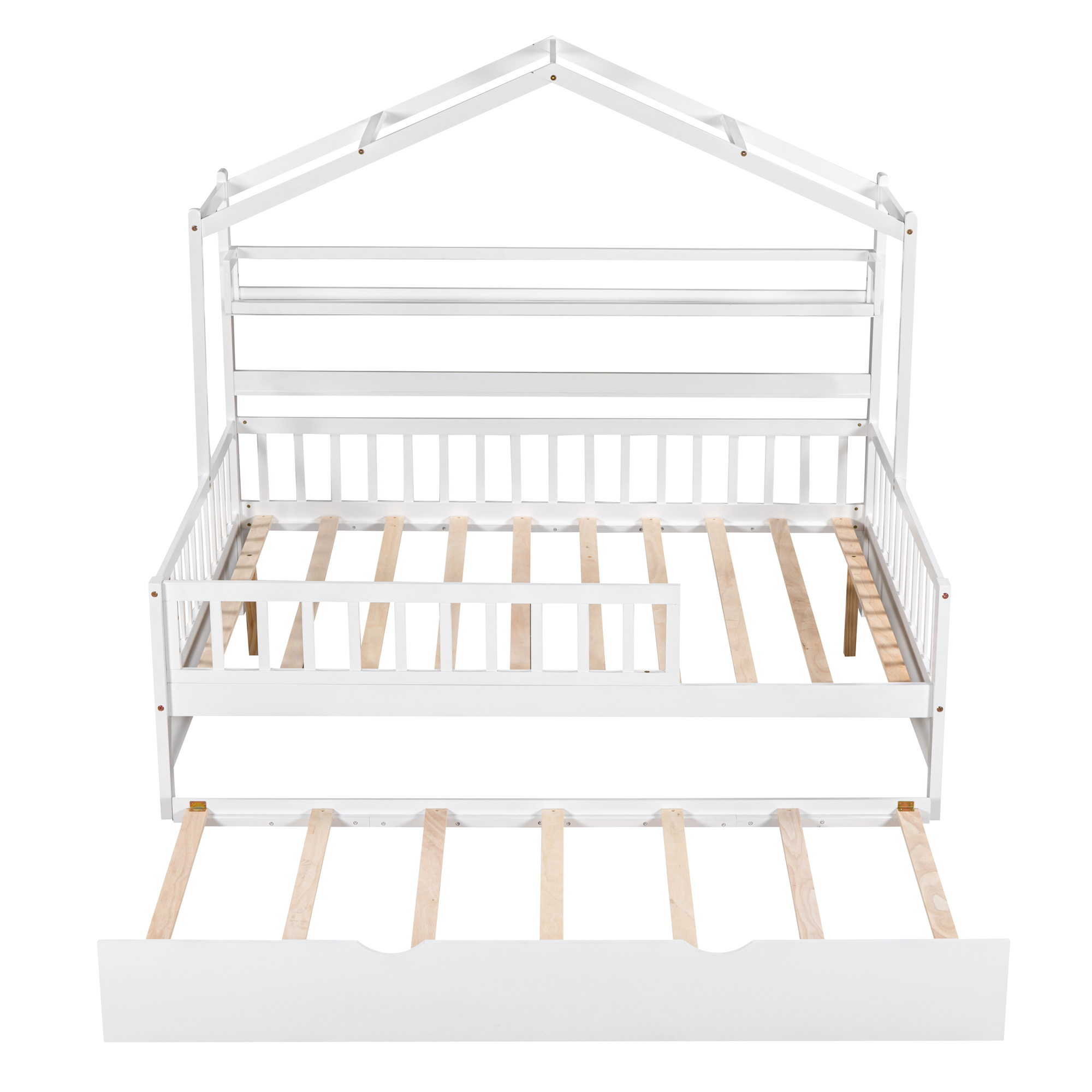 Wooden Full Size House Bed with Twin Size Trundle,Kids Bed with Shelf, White(Old SKU:WF301683AAK) - Image 3