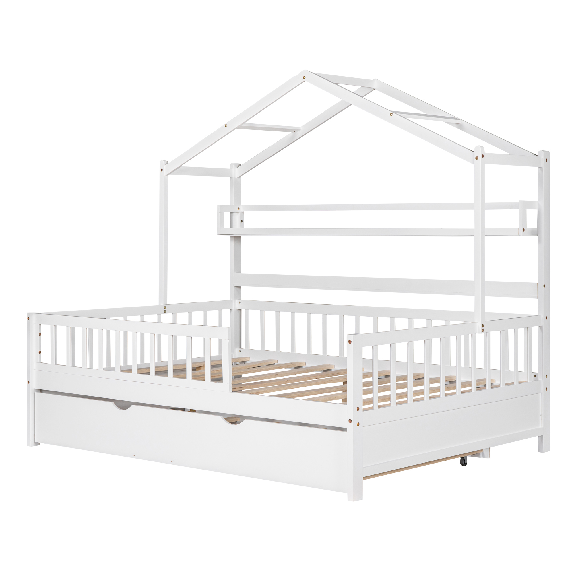 Wooden Full Size House Bed with Twin Size Trundle,Kids Bed with Shelf, White(Old SKU:WF301683AAK) - Image 5