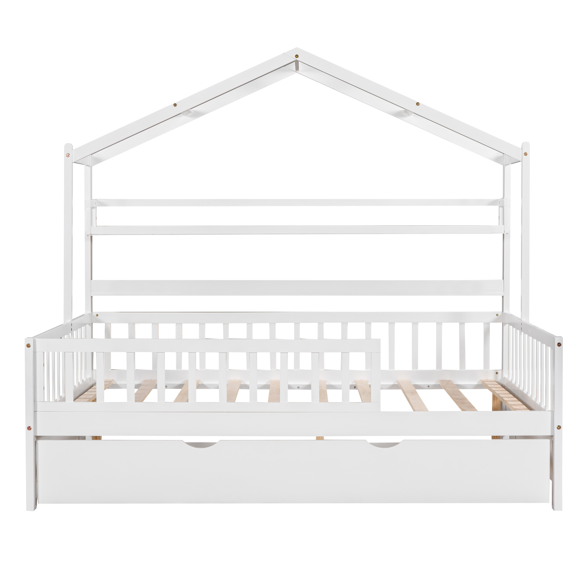 Wooden Full Size House Bed with Twin Size Trundle,Kids Bed with Shelf, White(Old SKU:WF301683AAK) - Image 4