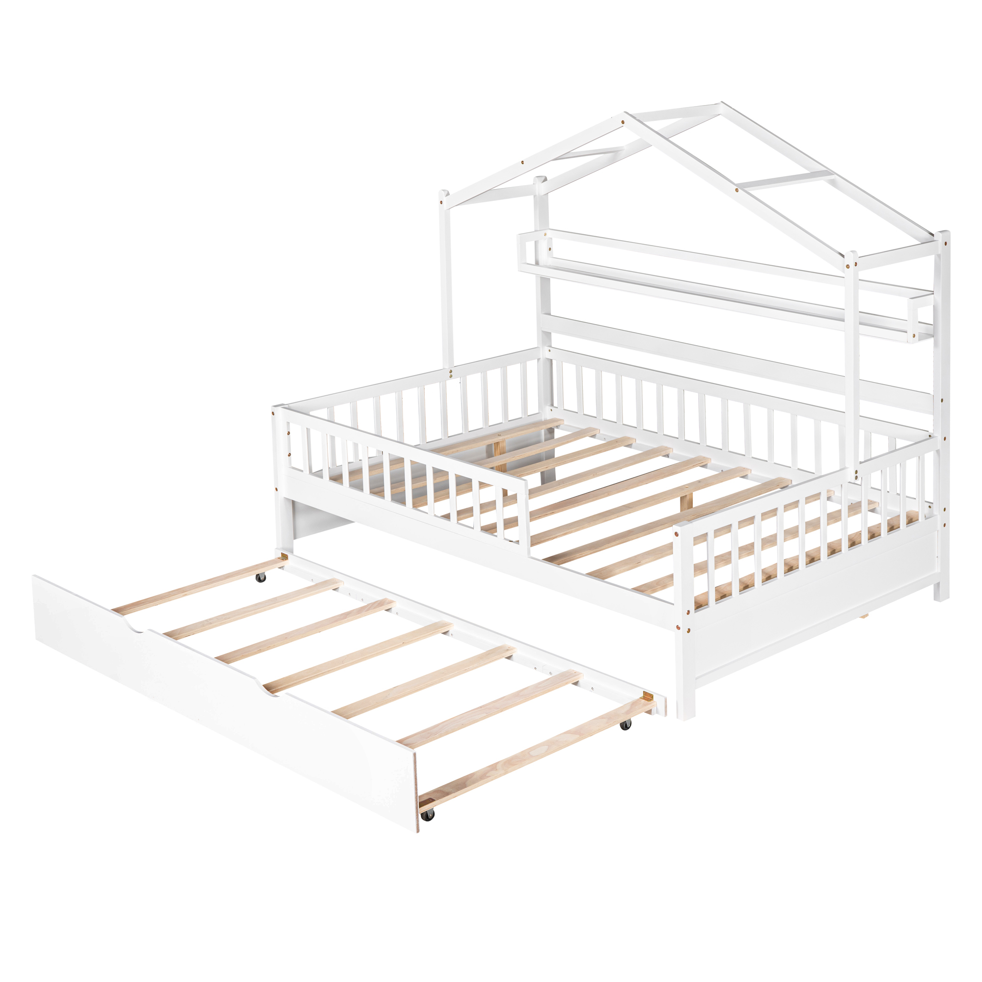 Wooden Full Size House Bed with Twin Size Trundle,Kids Bed with Shelf, White(Old SKU:WF301683AAK) - Image 6