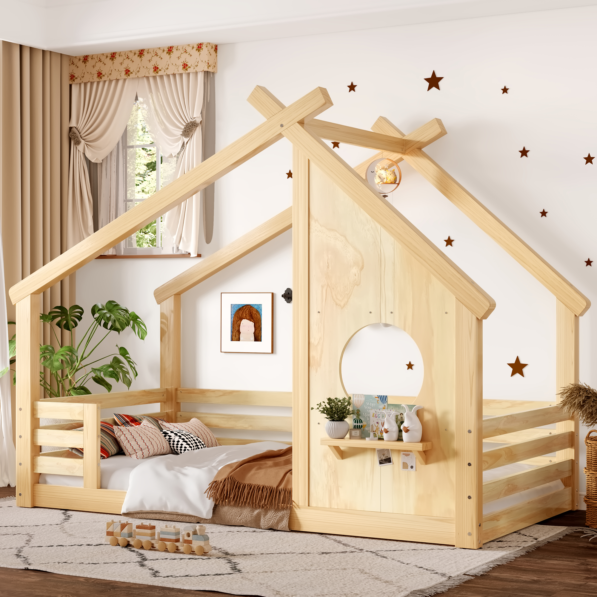 Twin House Floor Bed with Window and a Small Shelf, Solid Wood Floor Bed with House-shaped Roof, No Spring Box Needed, Natural