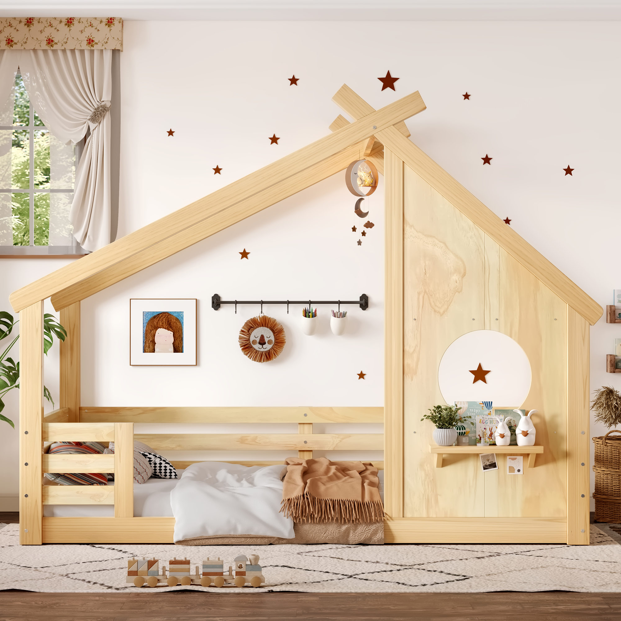 Twin House Floor Bed with Window and a Small Shelf, Solid Wood Floor Bed with House-shaped Roof, No Spring Box Needed, Natural - Image 2