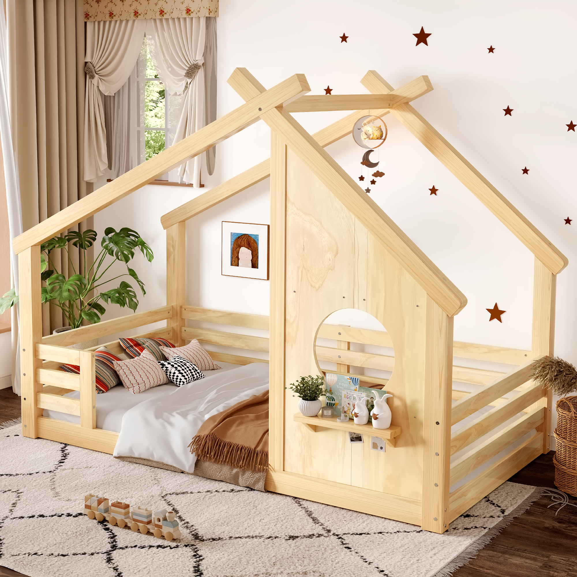 Twin House Floor Bed with Window and a Small Shelf, Solid Wood Floor Bed with House-shaped Roof, No Spring Box Needed, Natural - Image 3