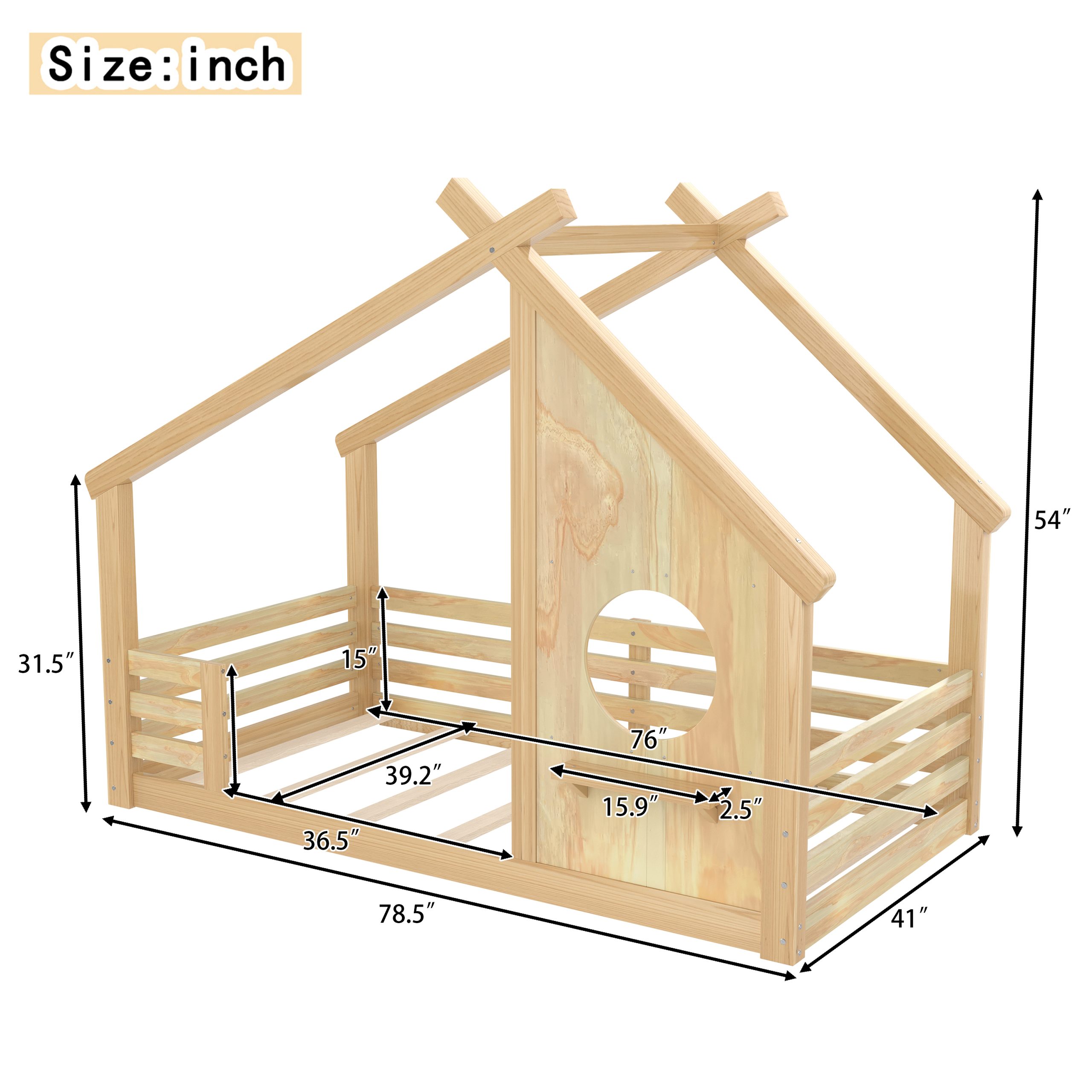 Twin House Floor Bed with Window and a Small Shelf, Solid Wood Floor Bed with House-shaped Roof, No Spring Box Needed, Natural - Image 4