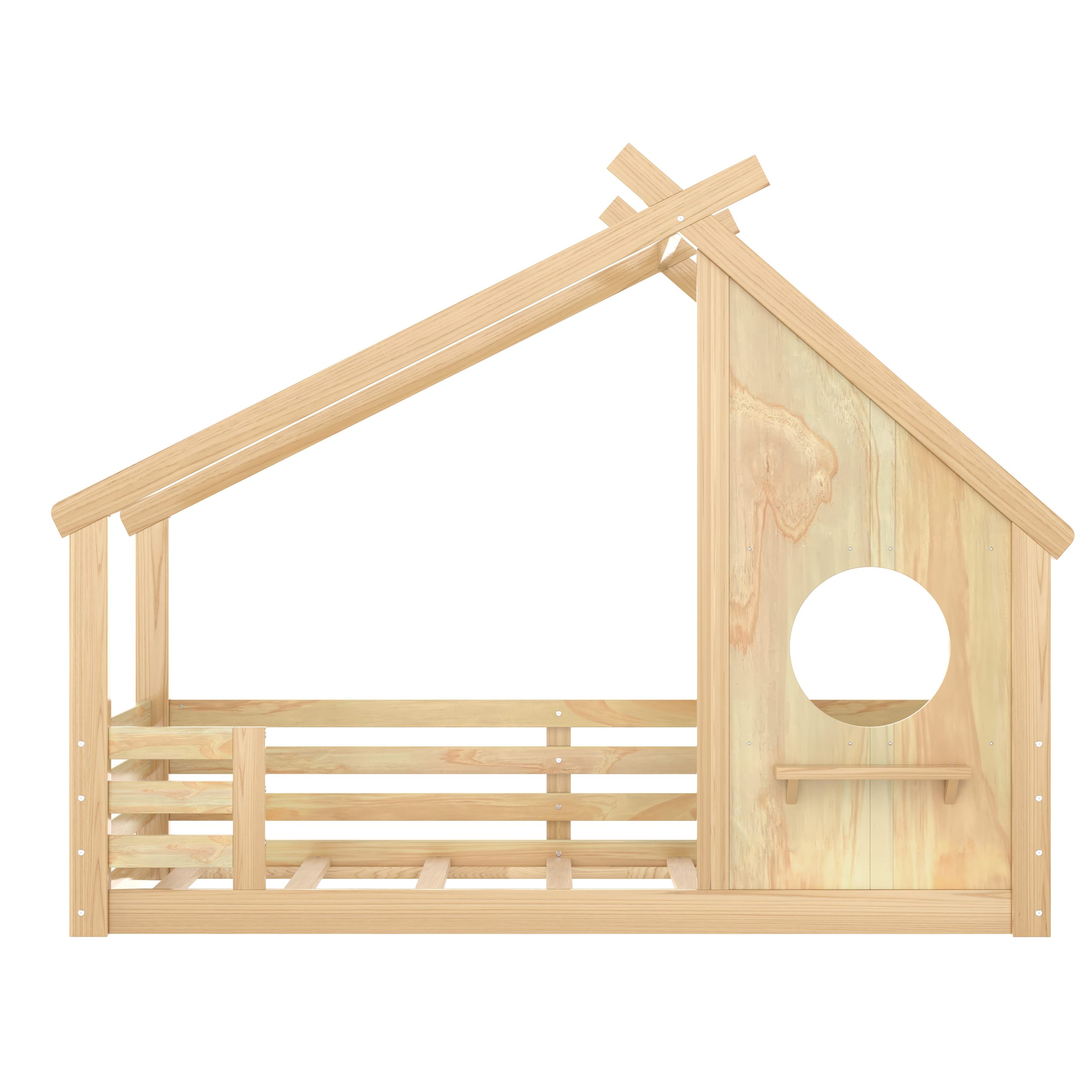 Twin House Floor Bed with Window and a Small Shelf, Solid Wood Floor Bed with House-shaped Roof, No Spring Box Needed, Natural - Image 5