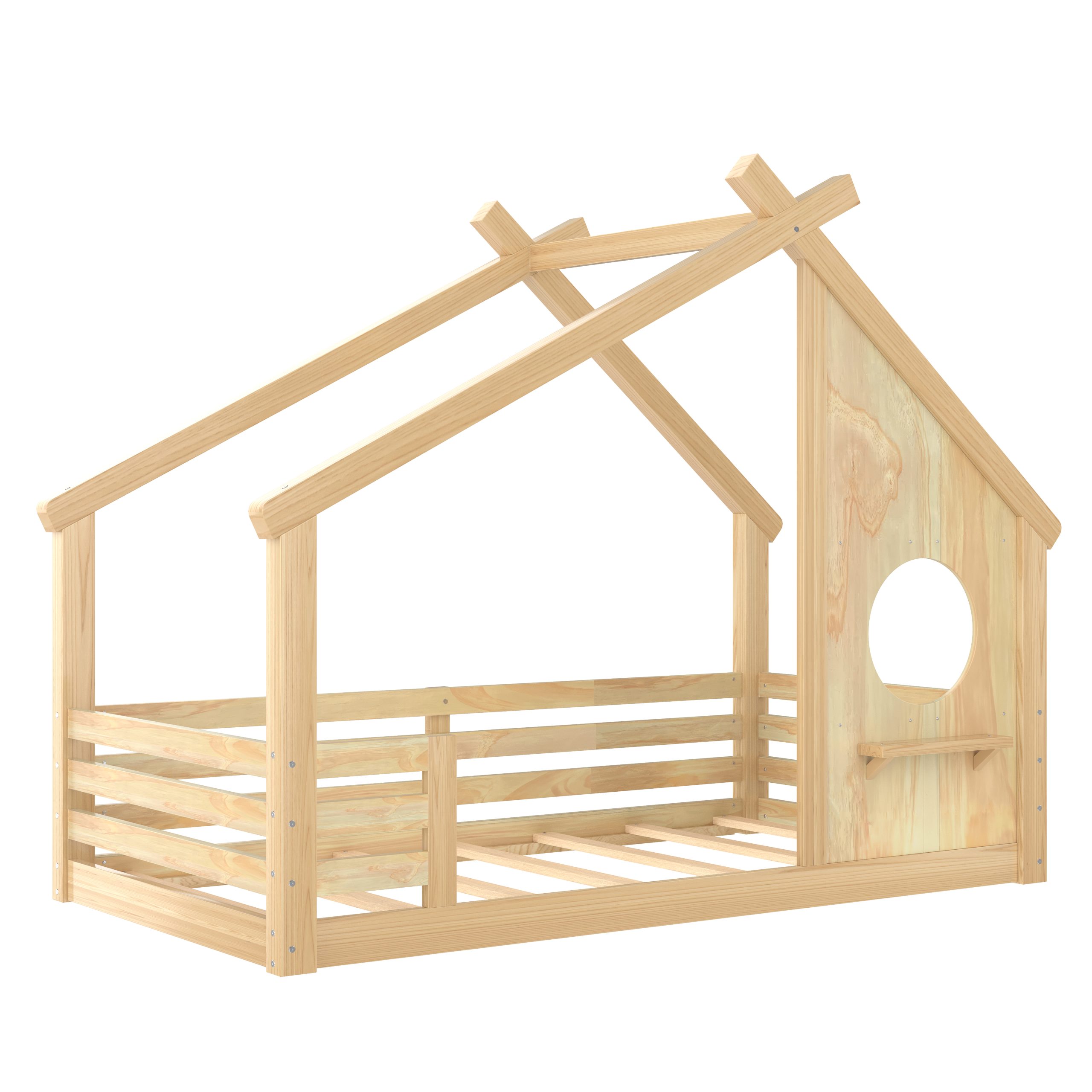 Twin House Floor Bed with Window and a Small Shelf, Solid Wood Floor Bed with House-shaped Roof, No Spring Box Needed, Natural - Image 6