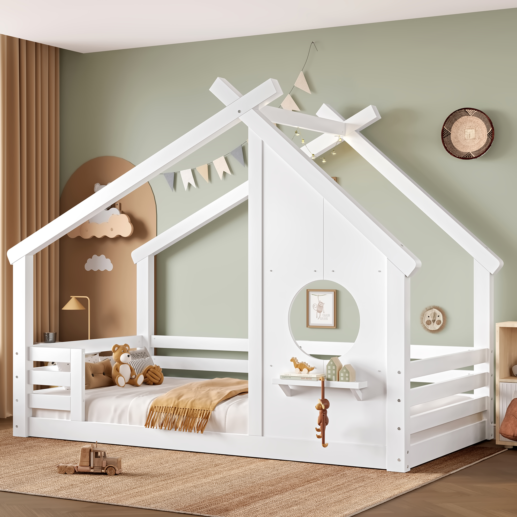 Twin House Floor Bed with Window and a Small Shelf, Solid Wood Floor Bed with House-shaped Roof, No Spring Box Needed, White - Image 1