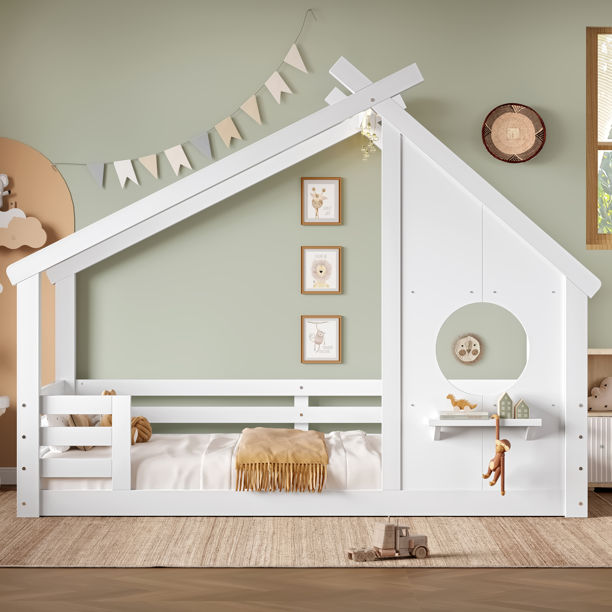 Twin House Floor Bed with Window and a Small Shelf, Solid Wood Floor Bed with House-shaped Roof, No Spring Box Needed, White - Image 2