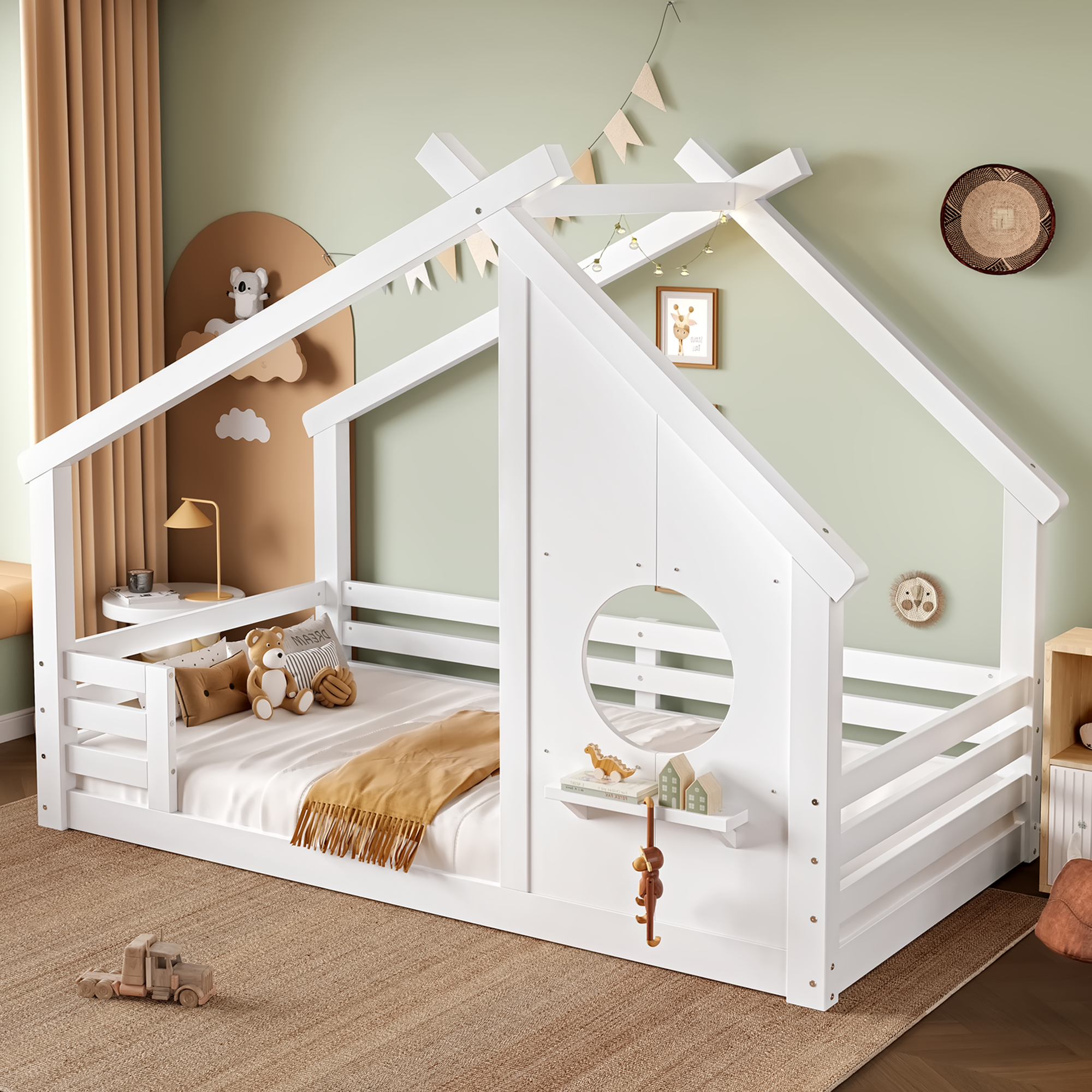 Twin House Floor Bed with Window and a Small Shelf, Solid Wood Floor Bed with House-shaped Roof, No Spring Box Needed, White - Image 3